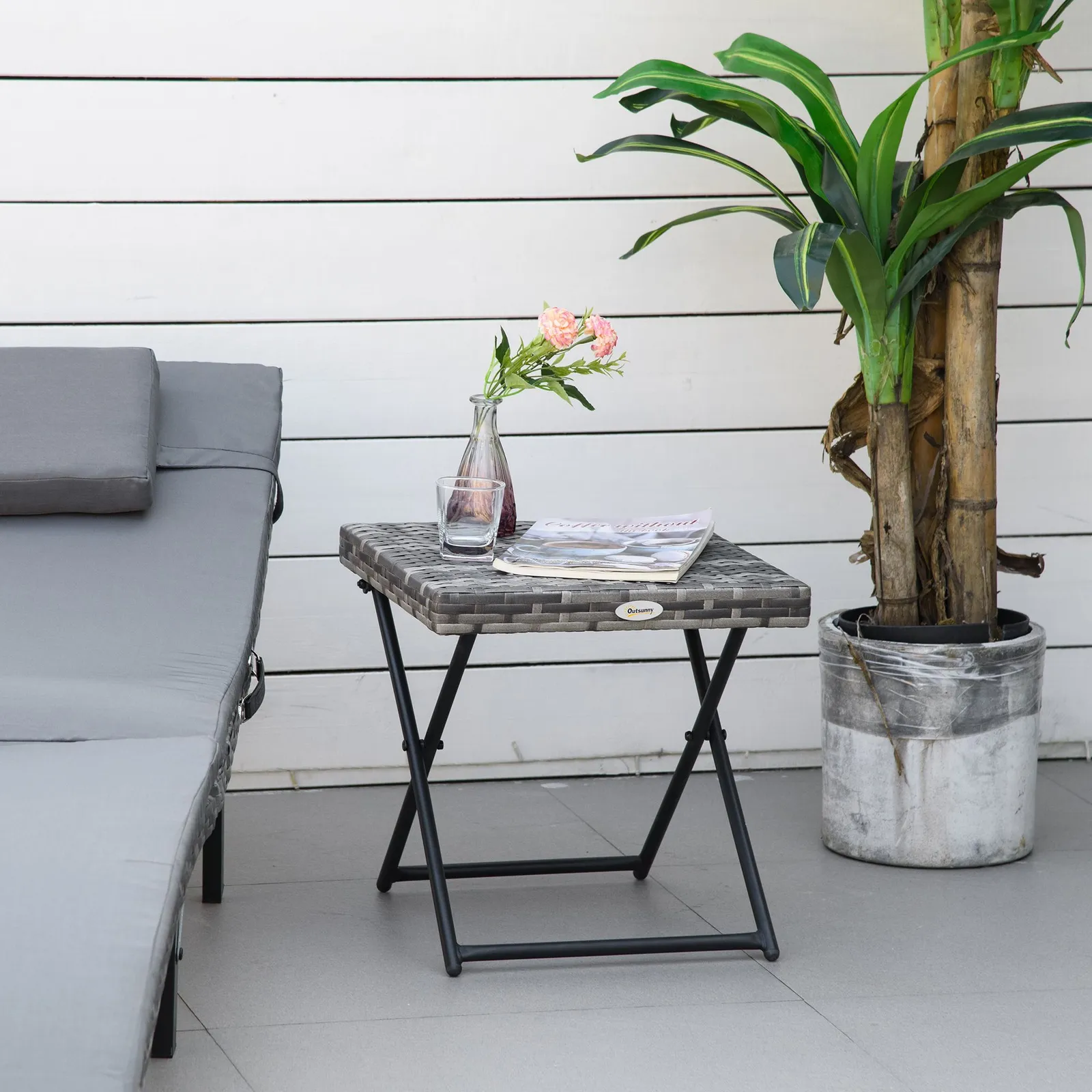 OUTSUNNY Folding Square Rattan Coffee Table w/ Steel Frame Bistro Garden in Grey