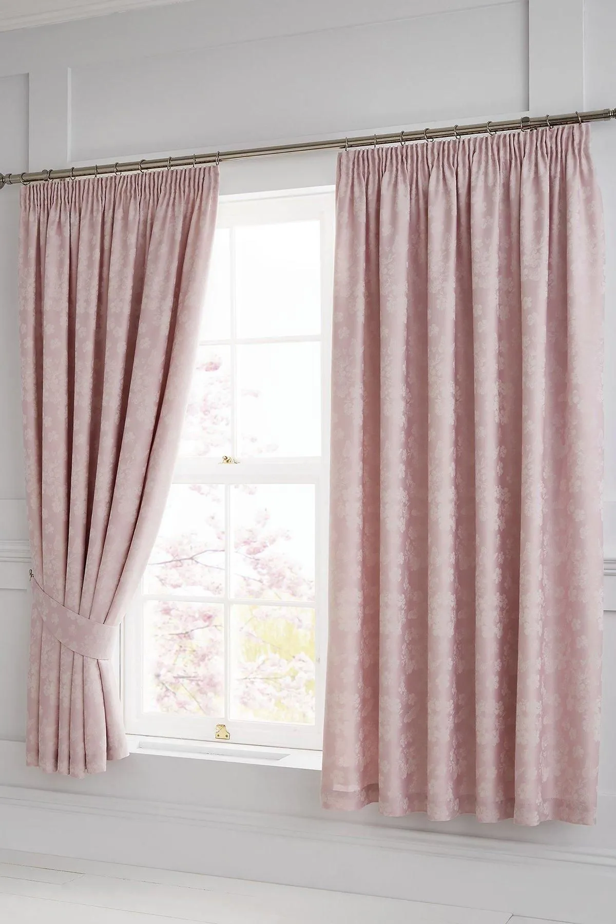 Dreams & Drapes 'Blossom' Jacquard Pair of Lined Pencil Curtains with Tie-backs in Light Pink