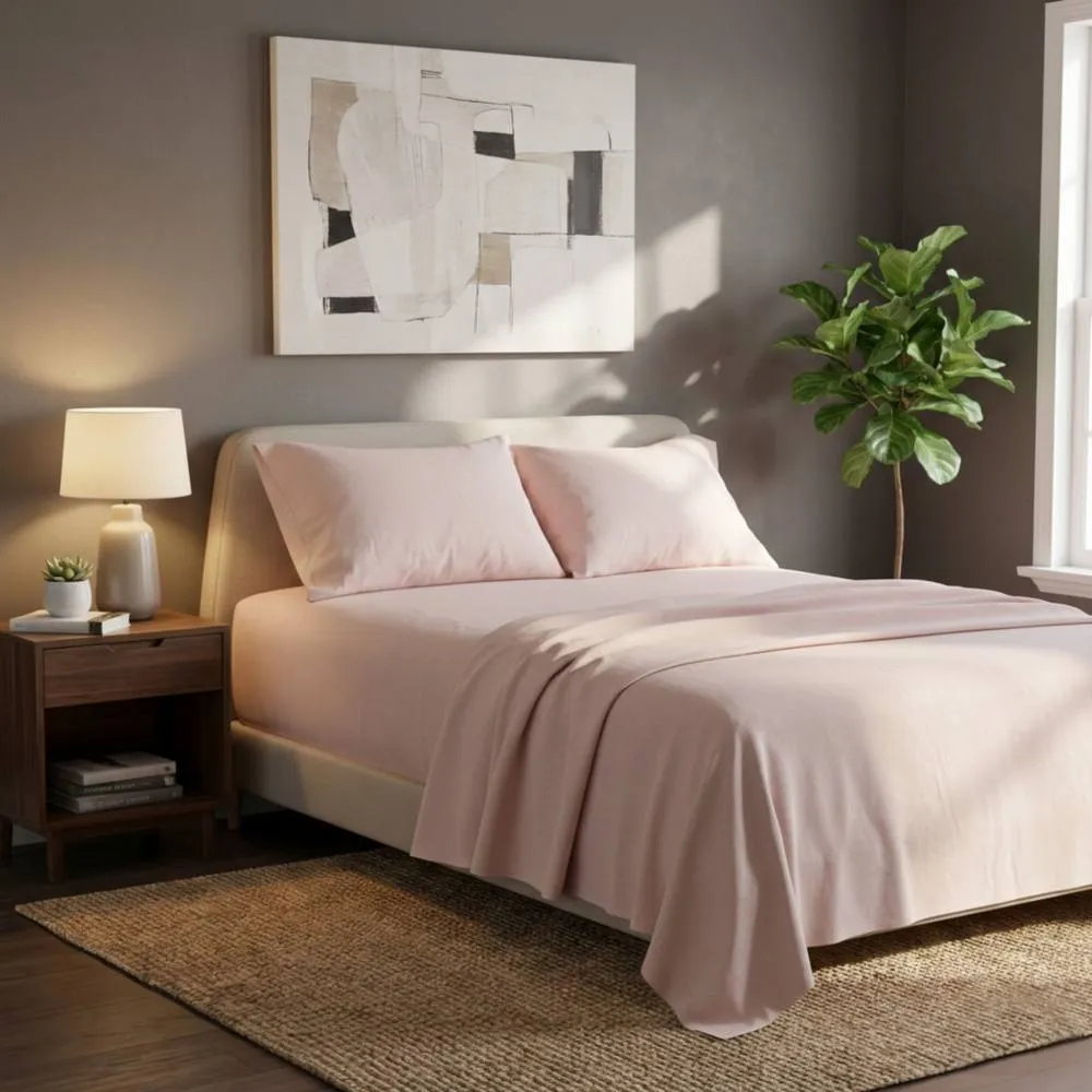 Snug City Soft Plain Brushed Cotton Fitted Flat Sheet Matching Pillowcases Set in Pink