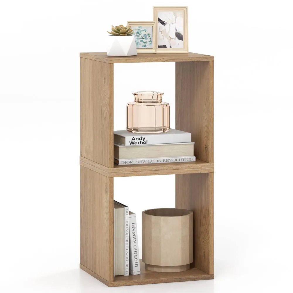 Costway 2 Pieces Decorative Cube Storage Organizers Wooden Vinyl Record Storage Cubes in Natural