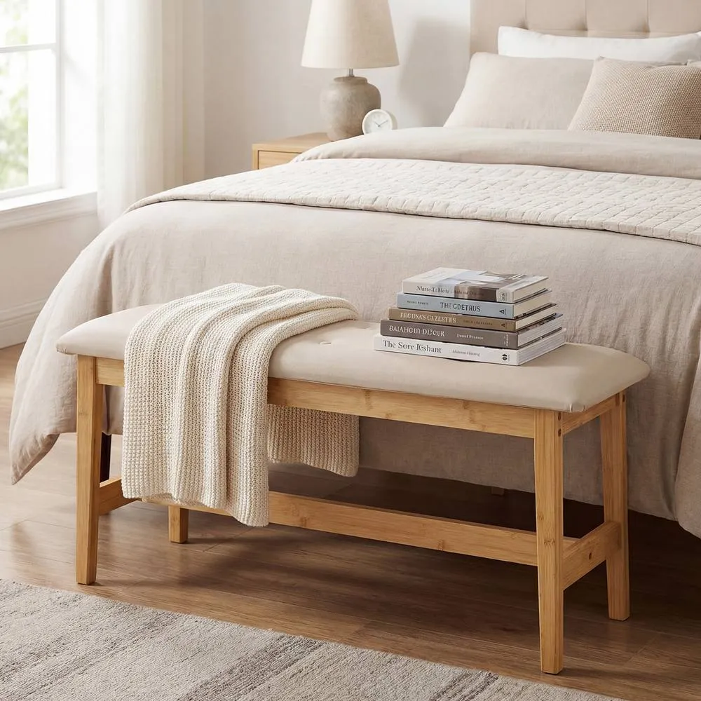Costway 100CM Upholstered Bench Button Tufted End of Bed Bench w/Padded Seat in Natural 3