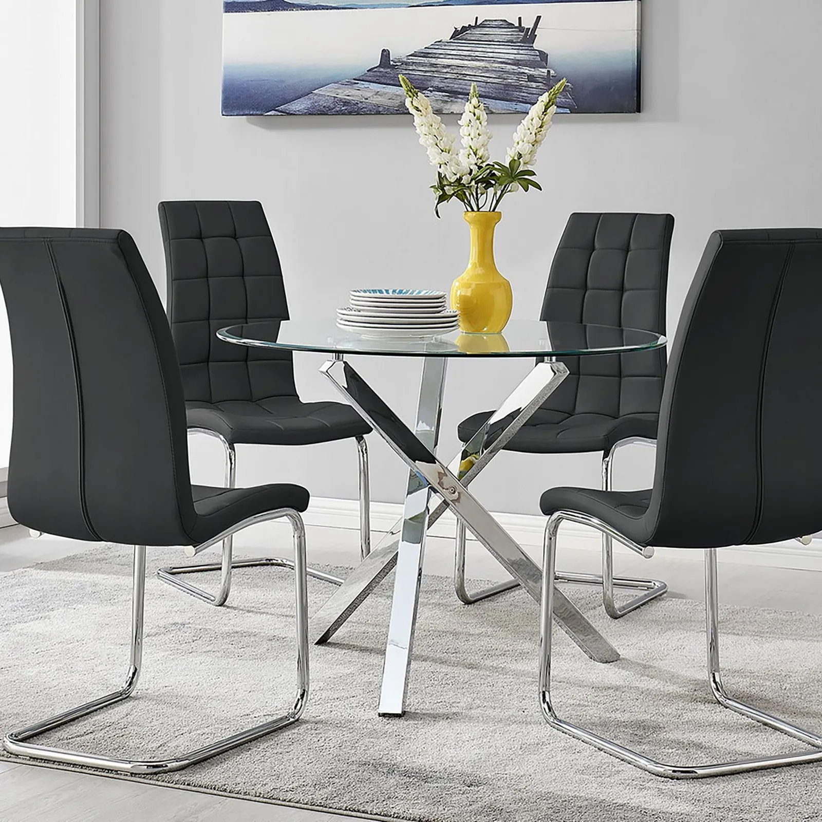 FurnitureboxUK Selina Round Glass Chrome Leg Dining Table & Murano Chairs in Black 1