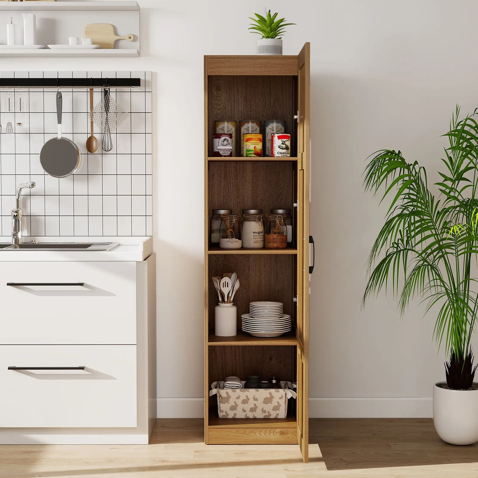 Costway 150 cm Tall Storage Cabinet 4-Tier Freestanding Floor Cabinet in Natural 4