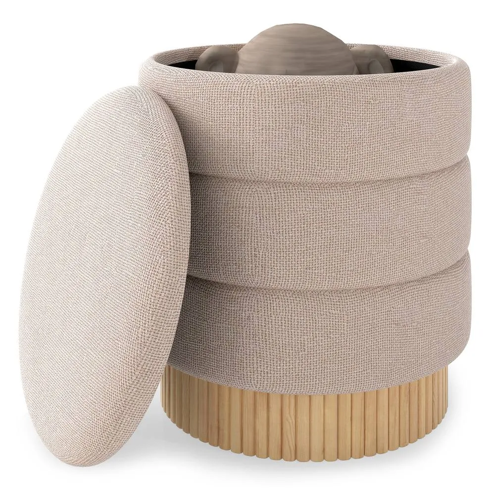 Costway Modern Round Storage Ottoman Upholstered Chenille Foot Stool W/ Lid in Beige 3