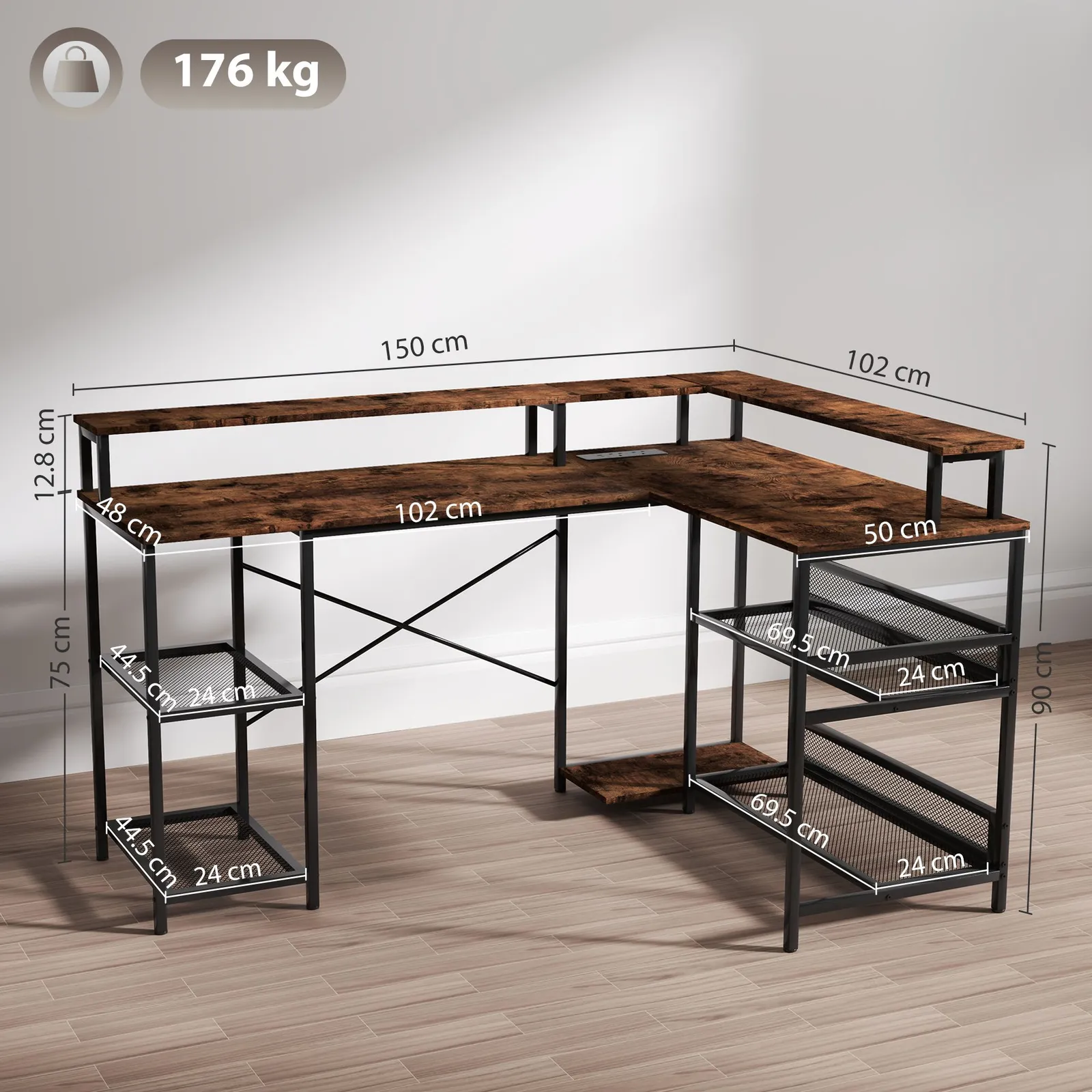 HOMCOM L Shaped Gaming Desk w/ LED Lights & Power Outlets for Small Space in Brown 3