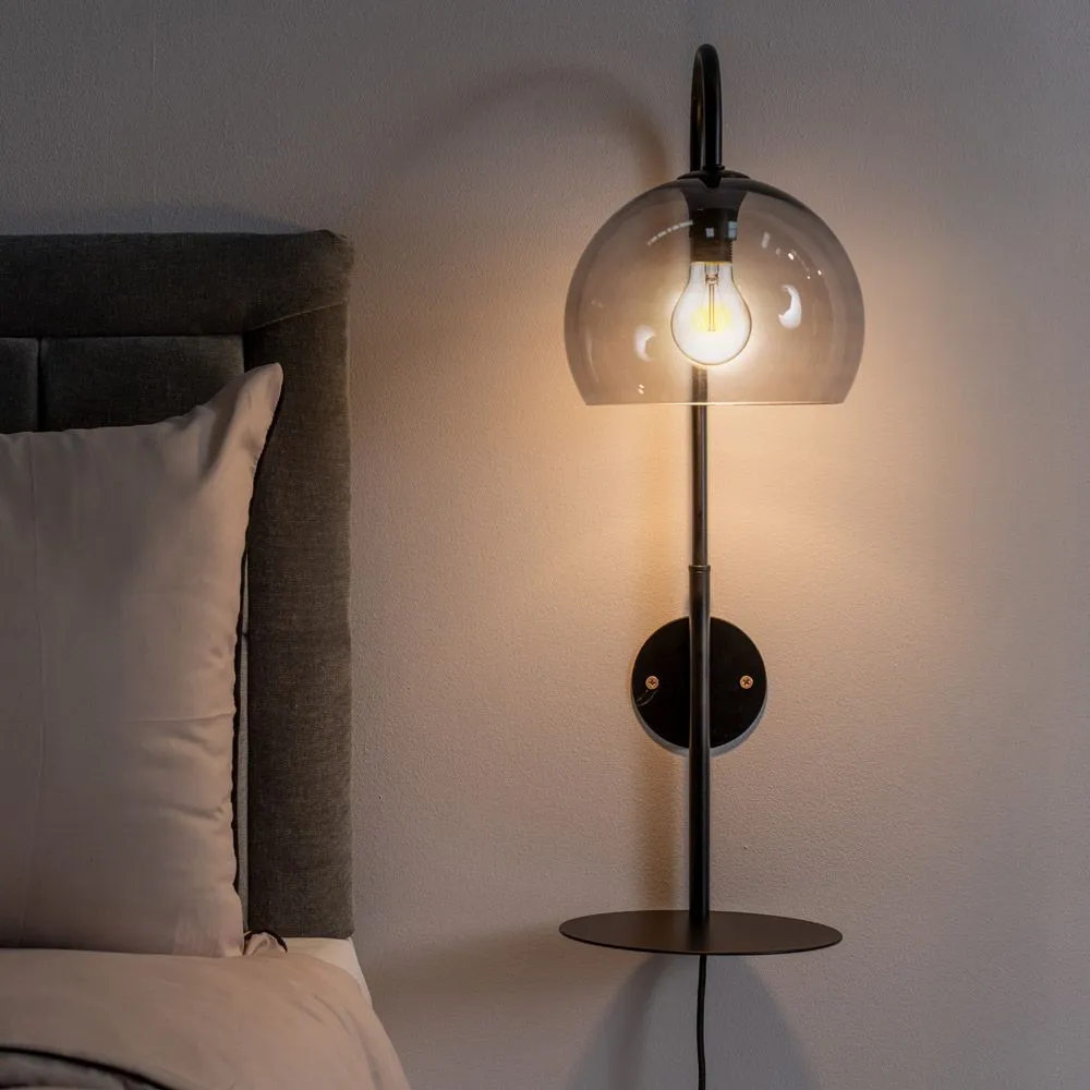 ValueLights Glenn Smoked Glass Globe Shade Wall Light with Matte Black Shelf