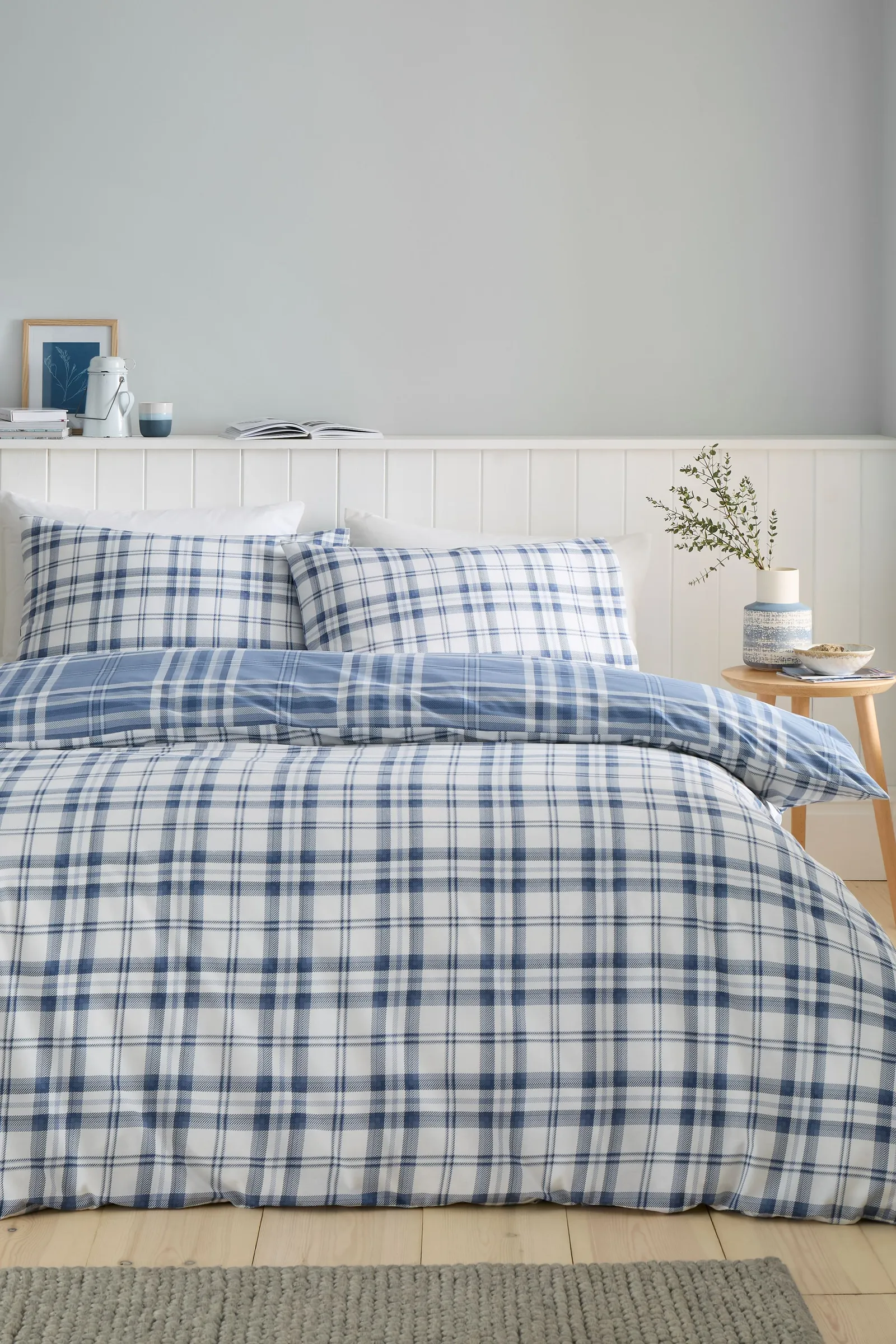 Catherine Lansfield 'Kelso Check' Reversible Duvet Cover Set in Blue 2
