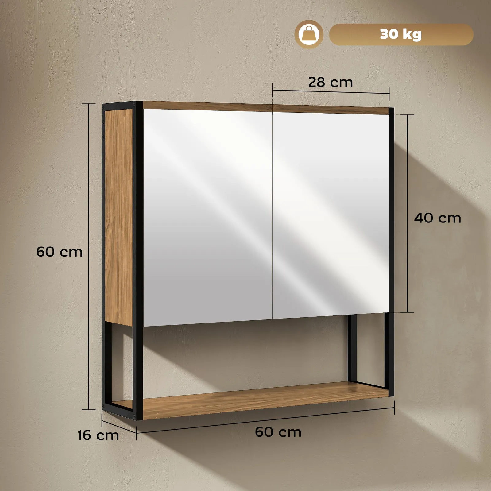 HOMCOM Industrial Bathroom Cabinet with 2 Mirrored Doors Open Shelf, Natural 3
