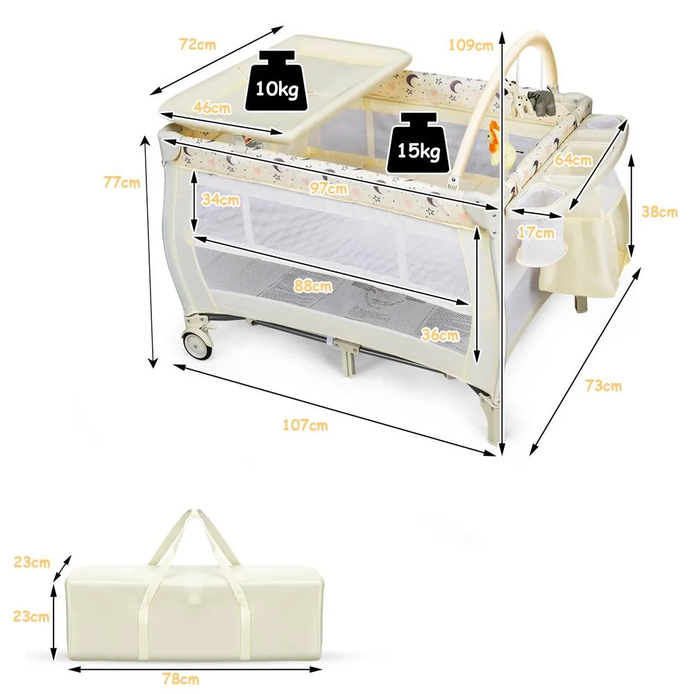 Costway 3 in 1 Travel Cot Foldable Baby Crib Playard w/Bassinet Nursery Center in Beige 2