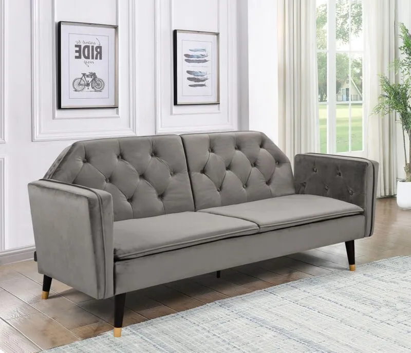 Comfy Living Ltd Plush Velvet Tufted Sofa Bed In Various Colours With Black & Gold Legs in Grey