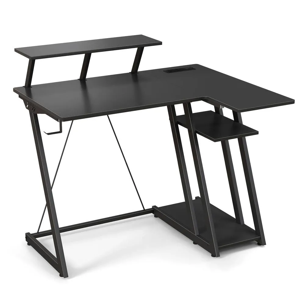 Costway L-Shaped Gaming Desk with Outlets & USB Ports Small Computer Desk in Black