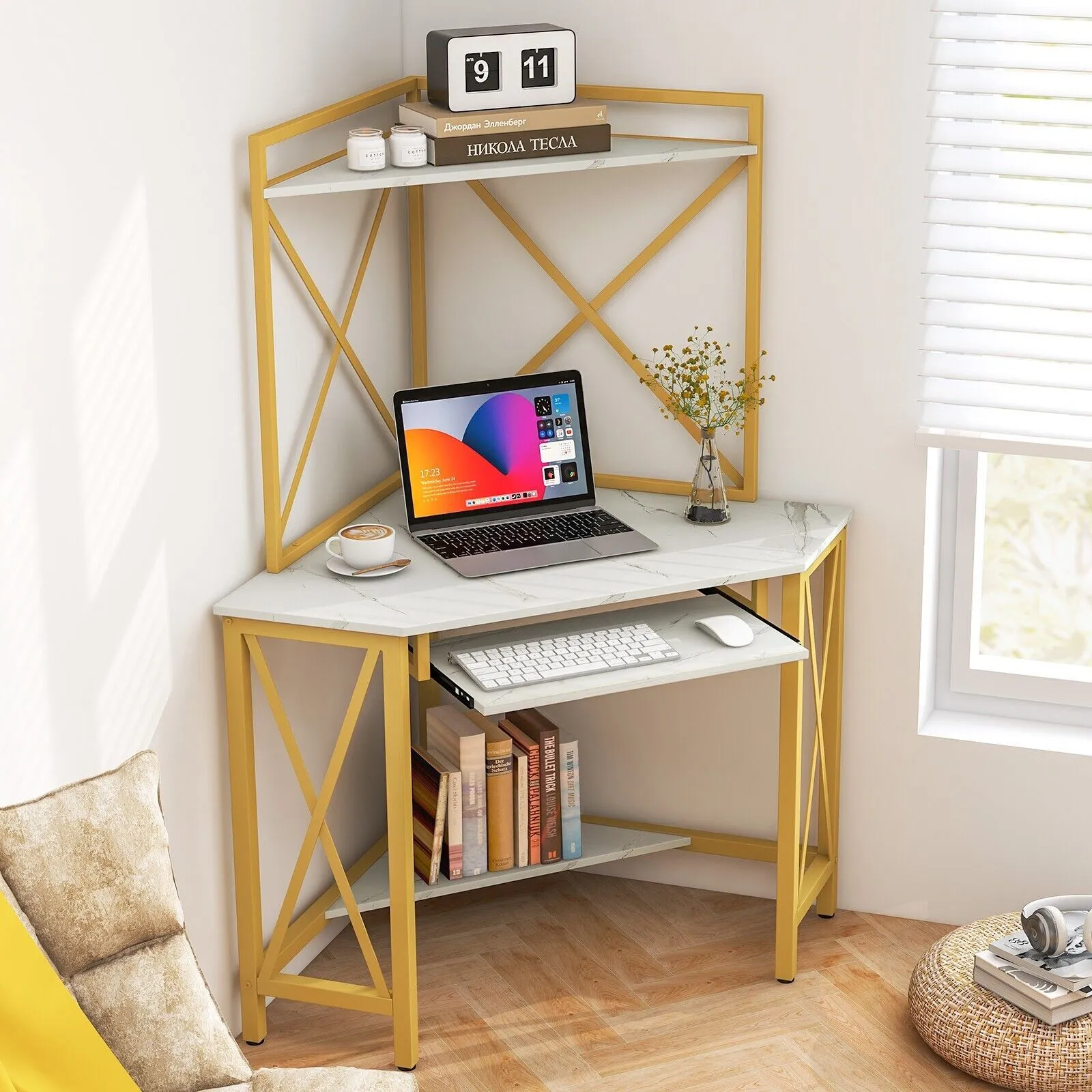 Costway Corner Writing Desk Home Office Space Saving Computer Desk with Keysboard Tray in White 3