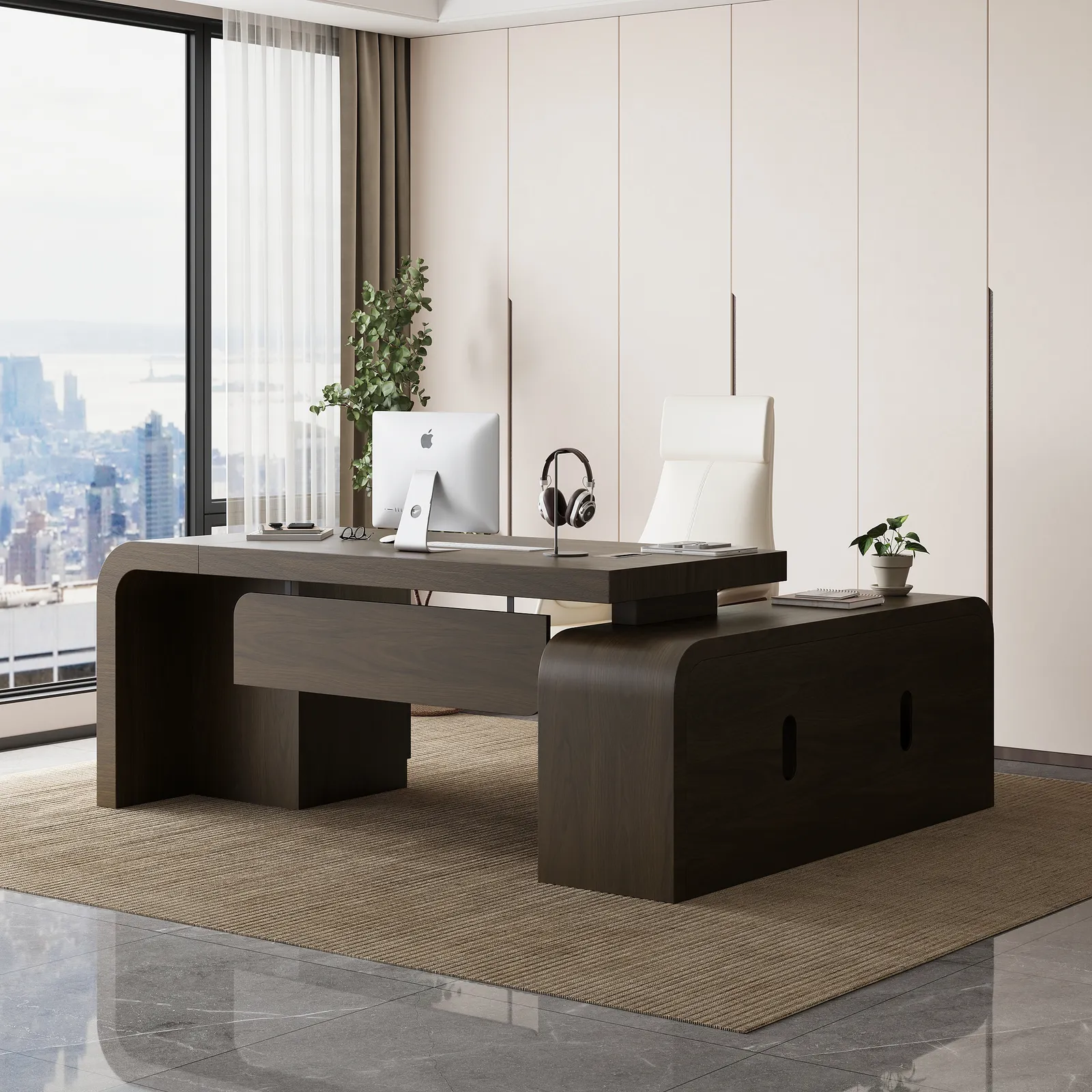 Chicent 71'' L-shaped Smoked Brown Computer Desk with Cabinet Left Hand