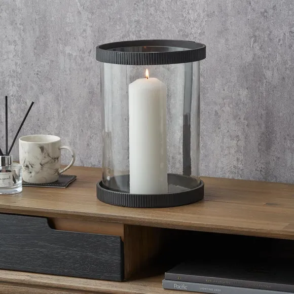 Black Ribbed Metal Glass Cylinder Hurricane Candle Holder 1