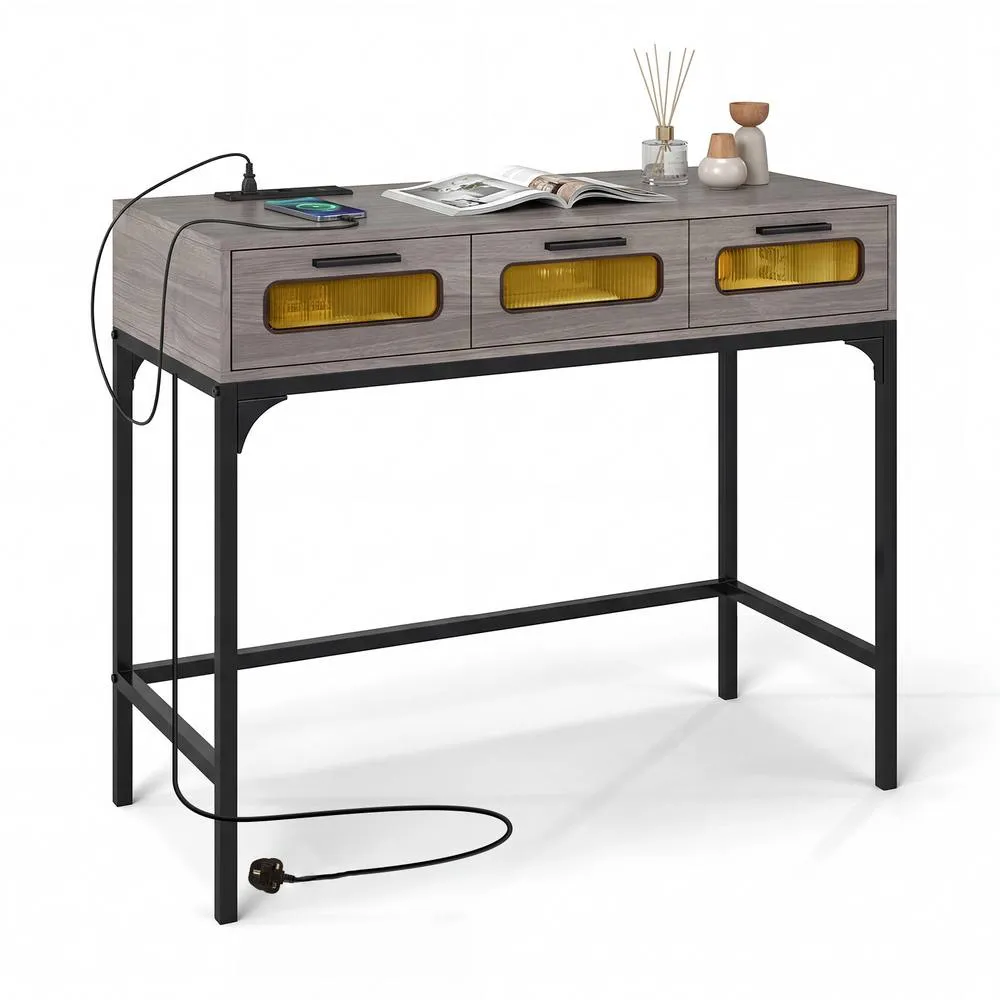Costway Console Table with LED Lights & Charging Station in Grey 2