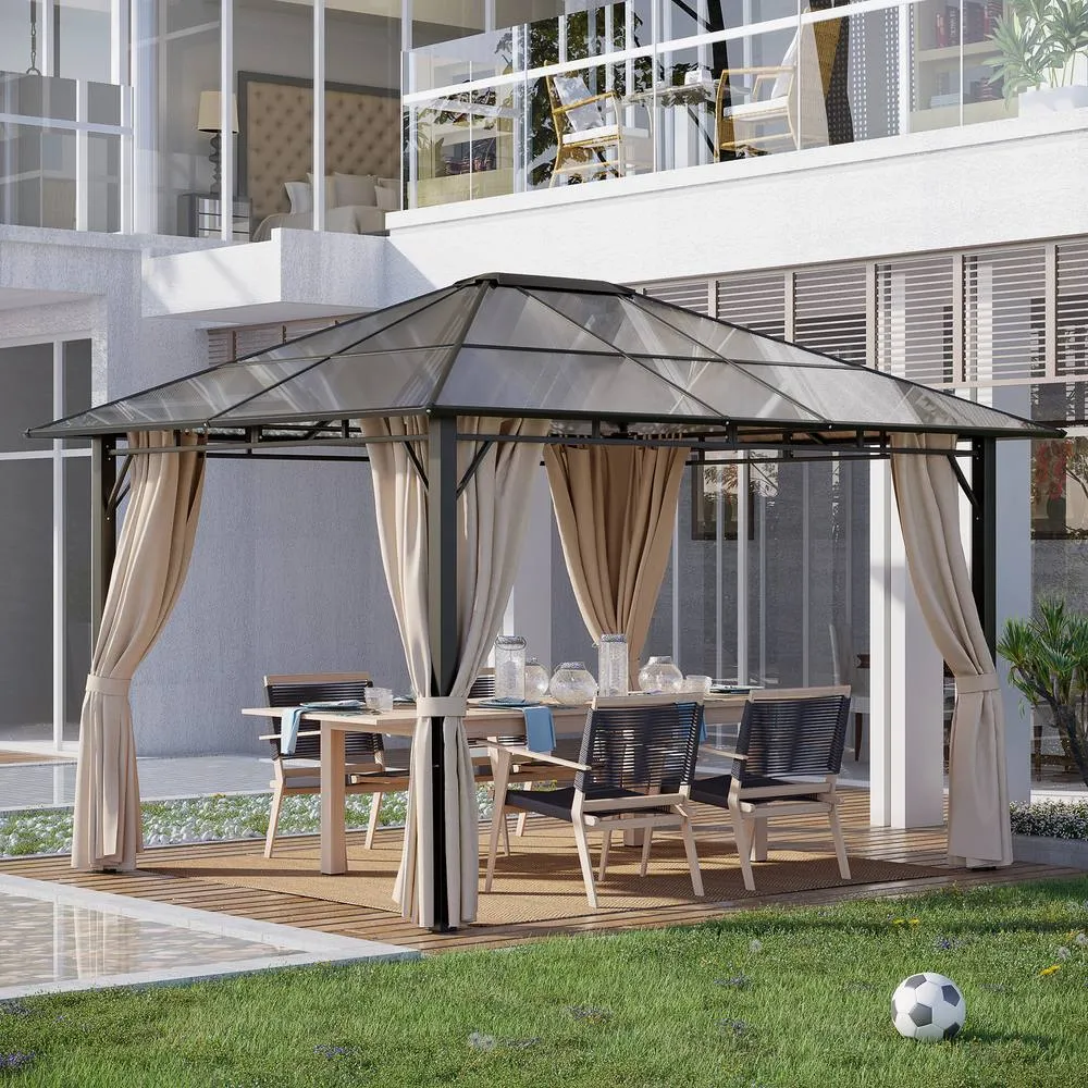 OUTSUNNY 3.6x3(m) Hardtop Gazebo Garden Pavilion w/ Polycarbonate Roof in Brown