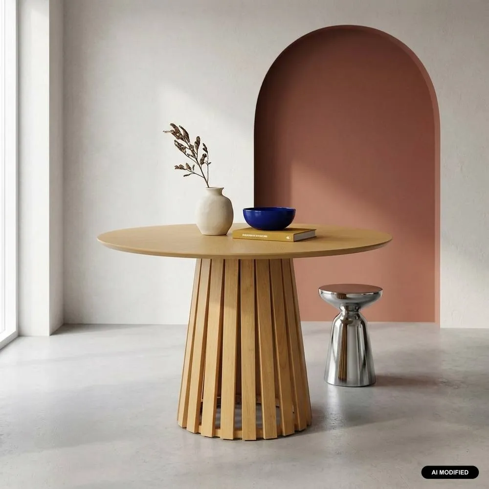 sweeek Round dining table rubberwood & oak veneer, seats 4 in Beige 1