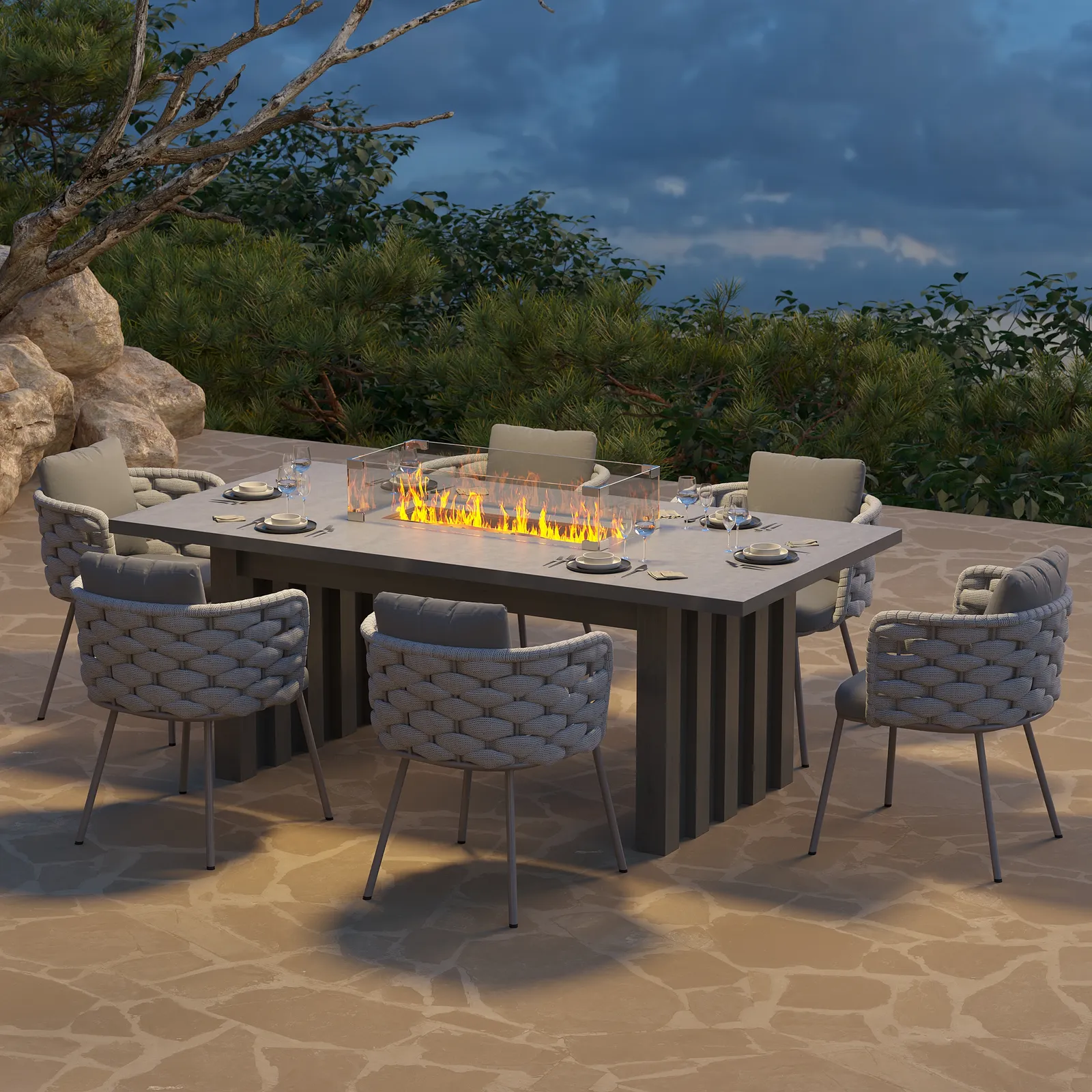7 PCS Outdoor Propane Fire Pit Table & Rope Woven Armchair Rectangular Outdoor Dining Set Modern Yard & Patio Furniture for 6 Person in Gray