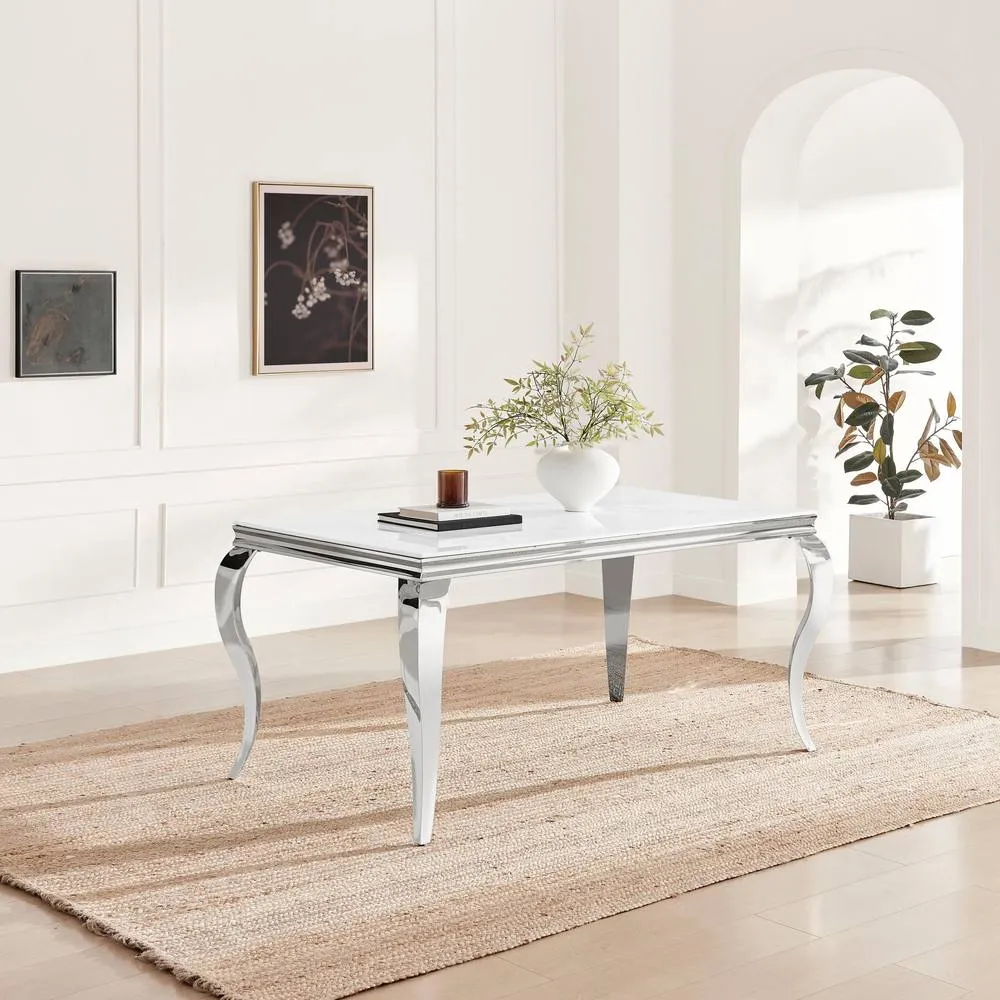 FurnitureboxUK Skye Rectangular White Marble Glass & Metal 6 Seater Dining Table