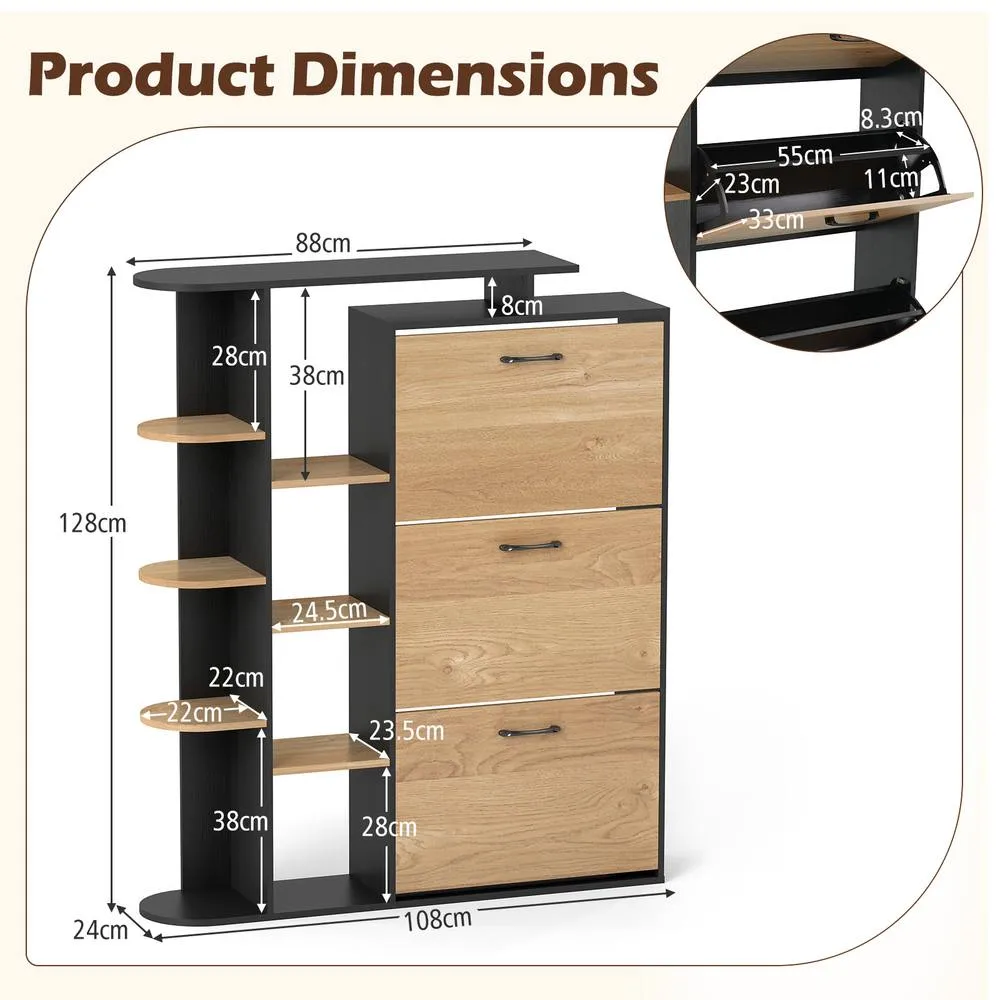 Costway Shoe Storage Cabinet Free Organizer w/ 3 Flip Drawers 8 Shelves in Black 3
