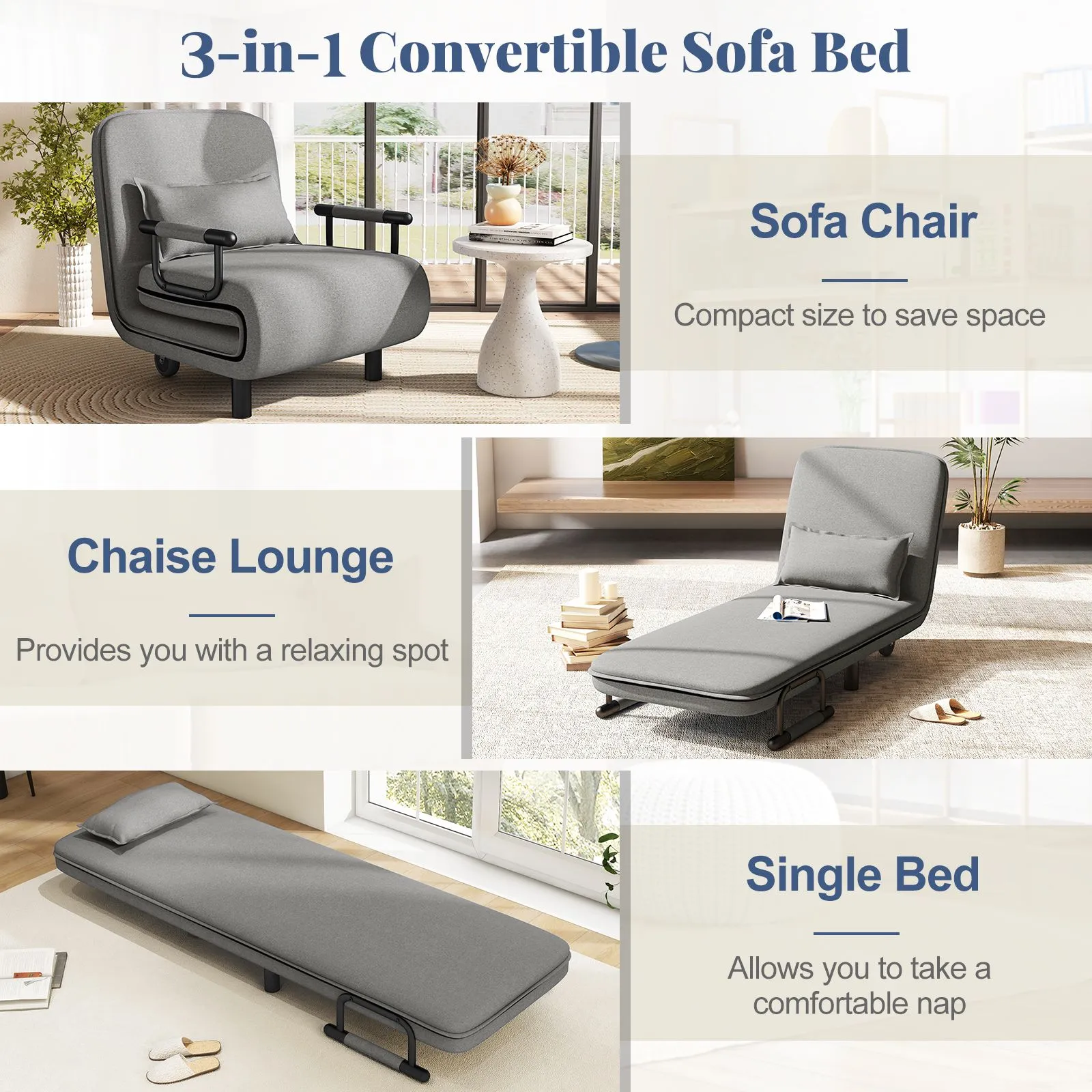 Costway 3-in-1 Convertible Sofa Bed Sleeper Chair w/Lumbar Pillow in Grey 6