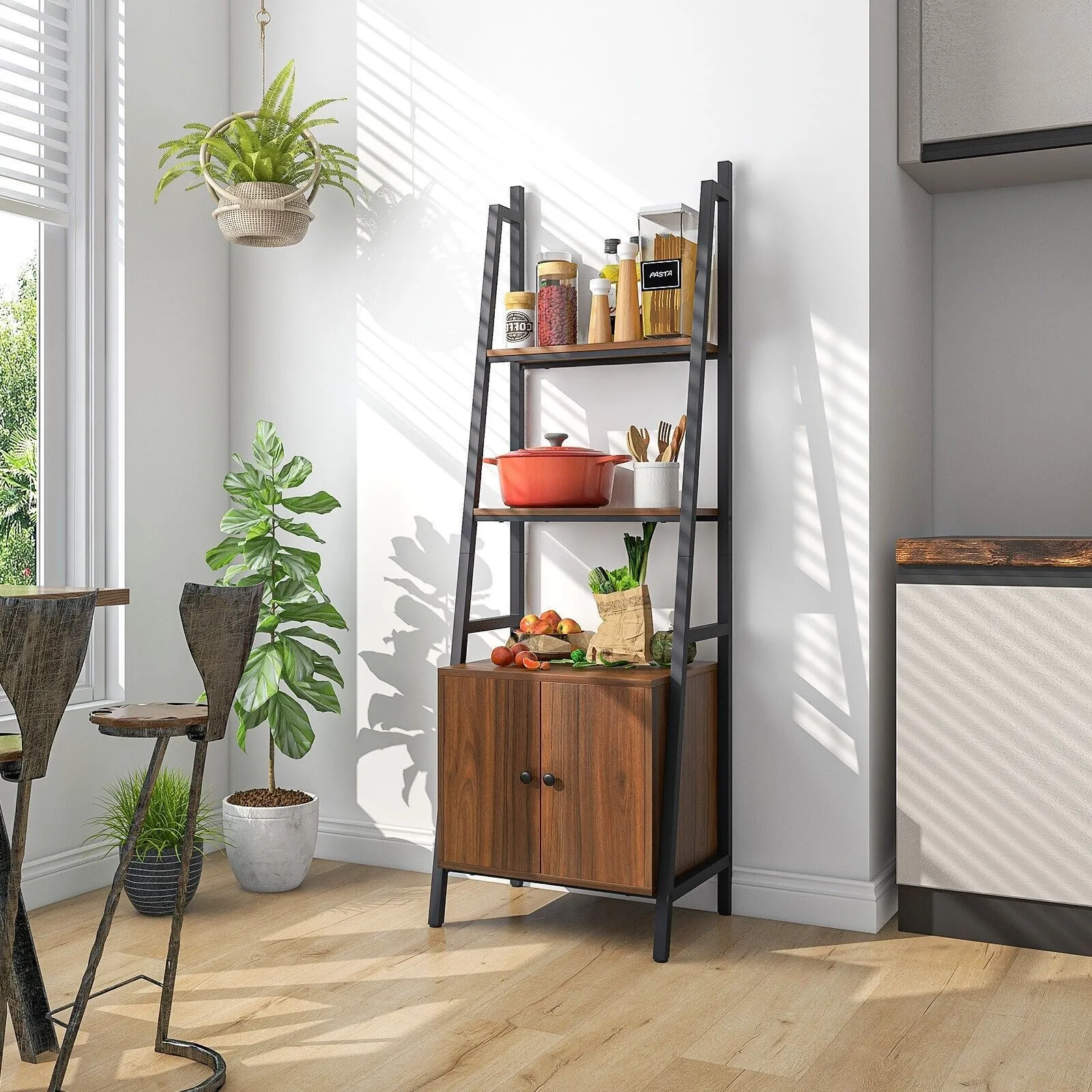 Costway 4 Tiers Ladder Shelf with Cabinet 160 CM Tall Bookshelf Industrial Bookcase in Brown 5