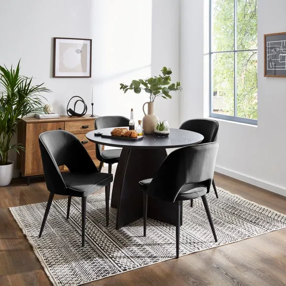 Effy 4 Seater Round Dining Table with 4 Lillia Black Velvet Dining Chairs