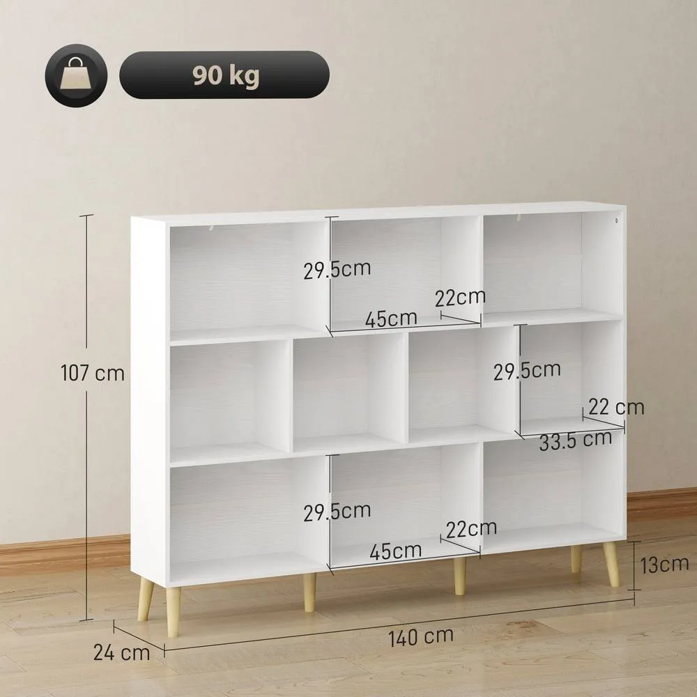 HOMCOM Bookshelf with 10 Cubbies, 3-Tier Book Shelf with Wood Legs, White 3