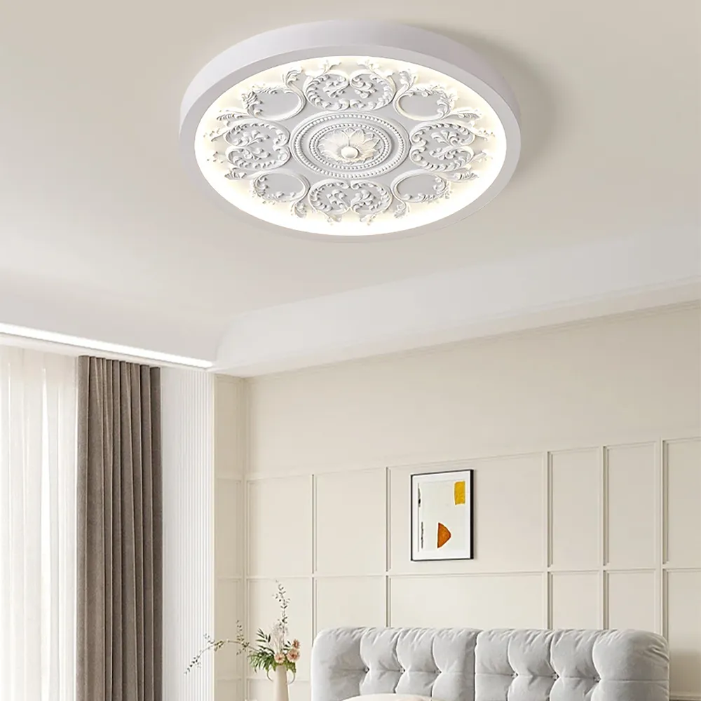 French Elegant White Resin 3D Carved LED  Flush Ceiling light