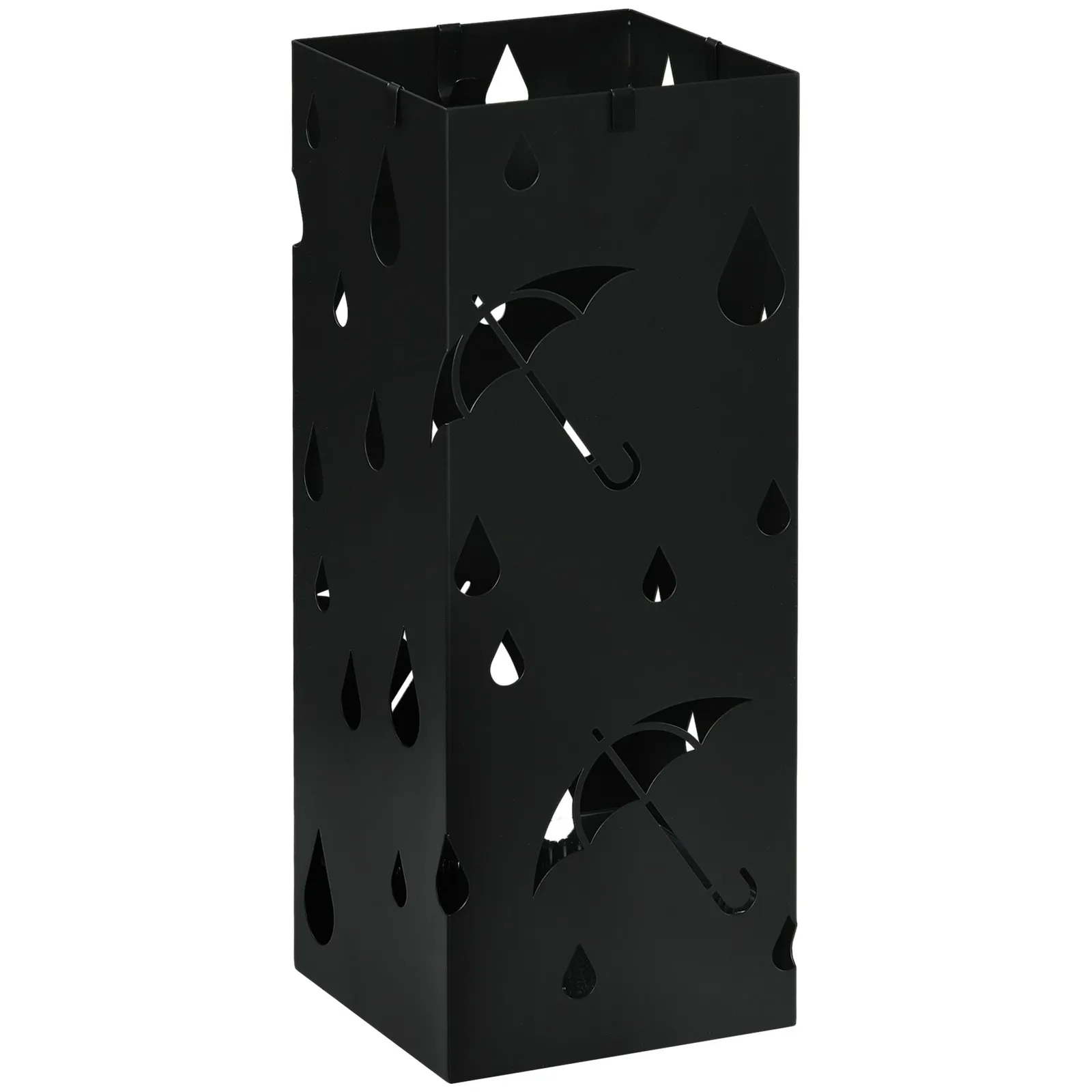 HOMCOM Metal Umbrella Stand, Square Umbrella Basket with 4 Hooks Drip Tray Black 2
