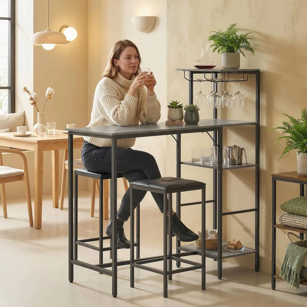 HOMCOM 3Pcs Breakfast Bar Table & Stools Set 4-tier shelving in Grey 1