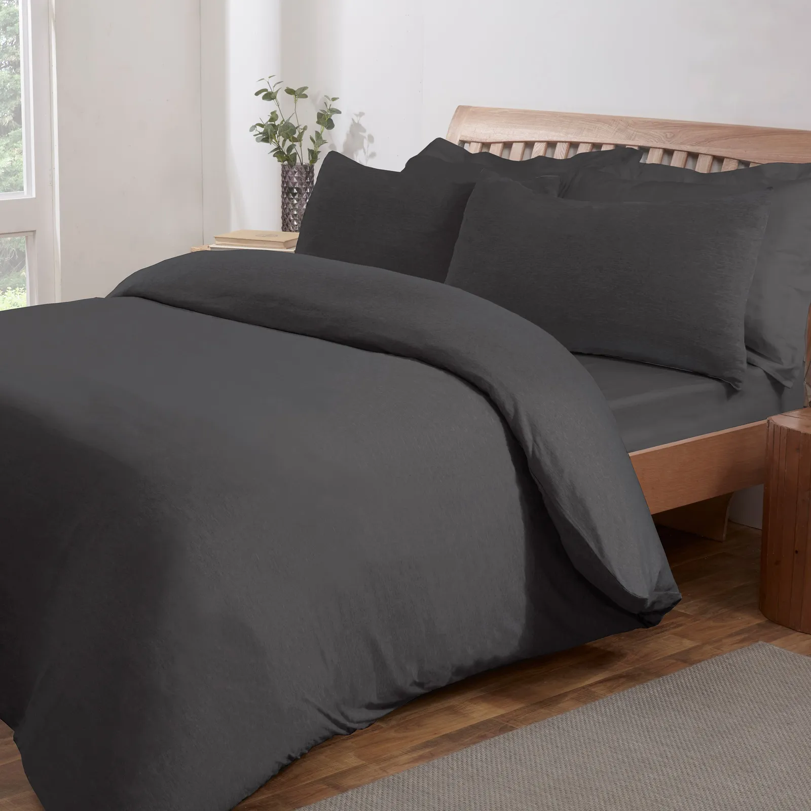 Smart Living Polycotton Jersey Melange Duvet Cover With Pillowcases in Charcoal
