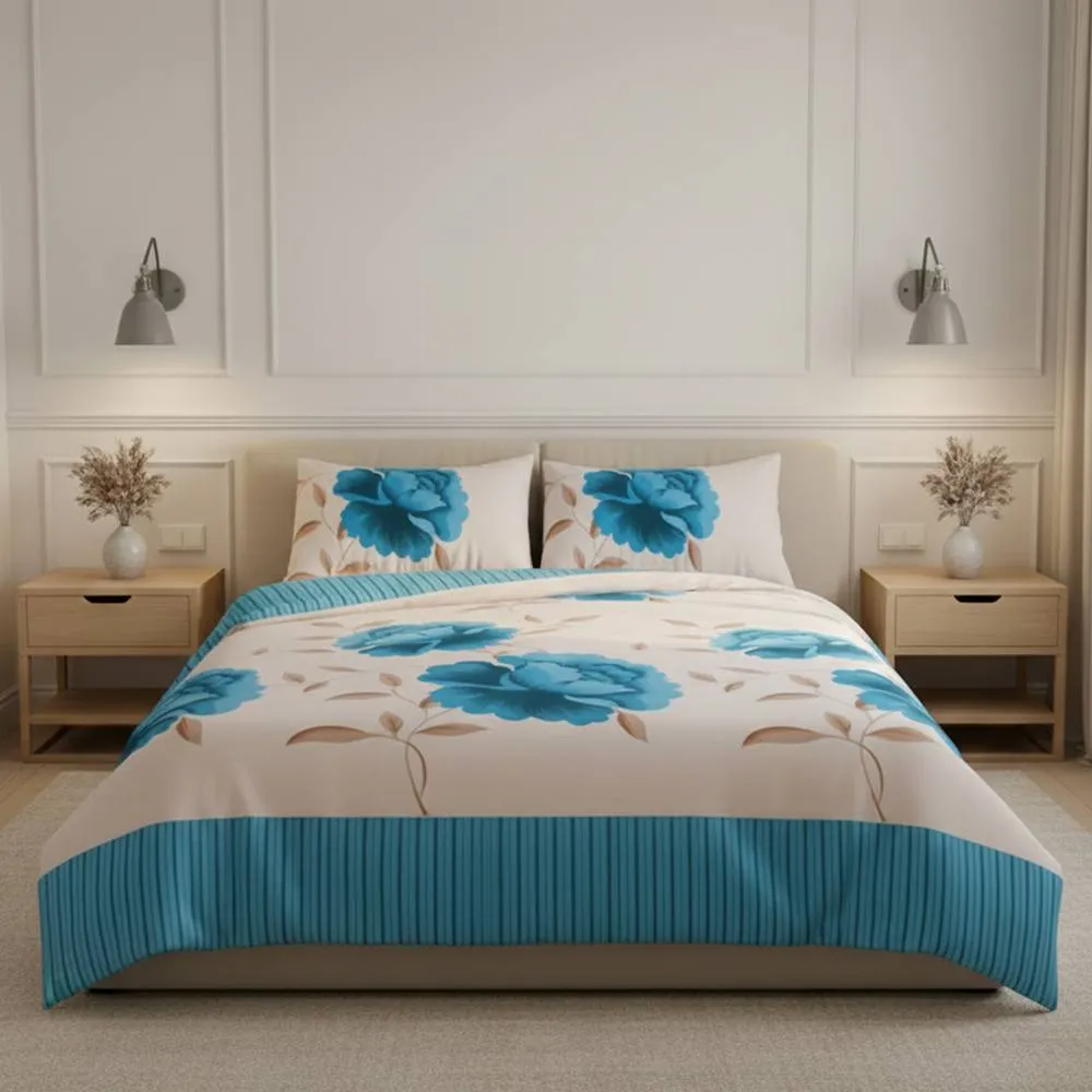 Snug City Reversible Floral Duvet Set Elegant Flower Stripe Pattern Bedding in Teal