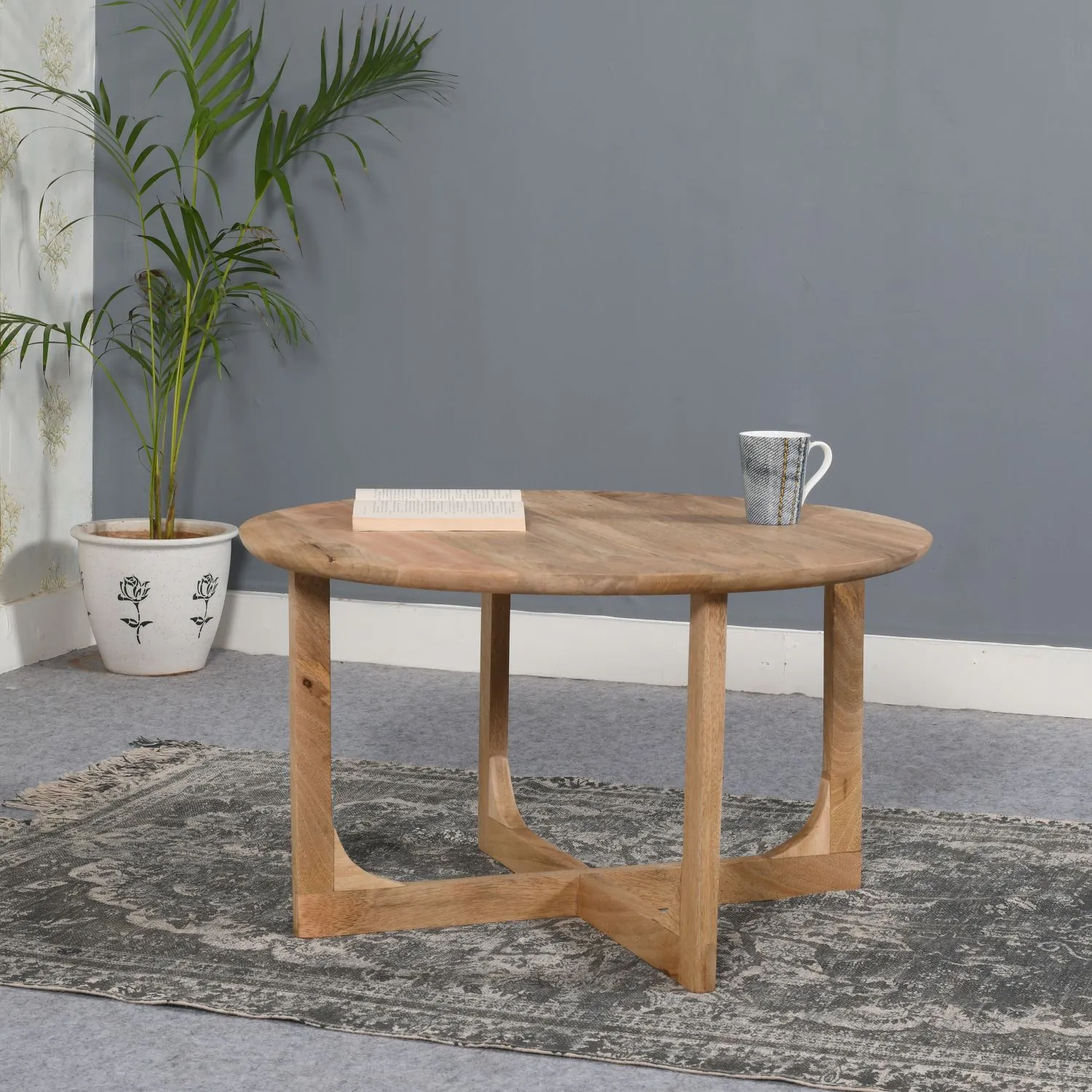 IH Design Bathwick Natural Solid Mango Wooden Round Coffee Table in Light Brown 3