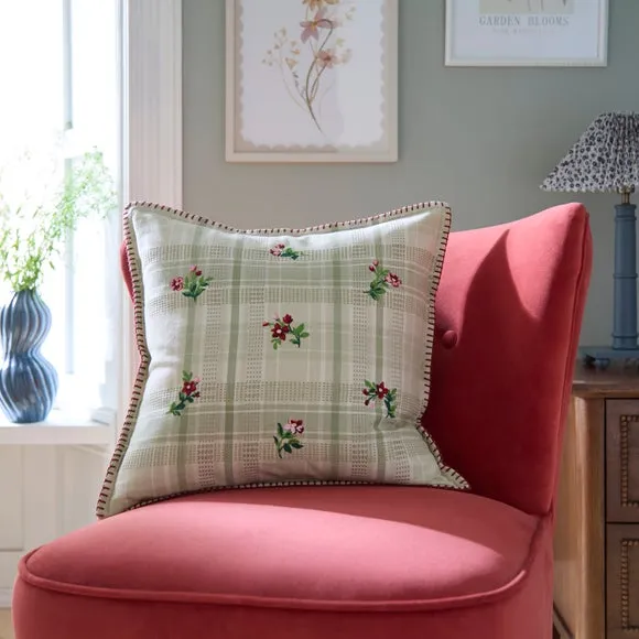 Vintage Floral Check Cotton Square Cushion
