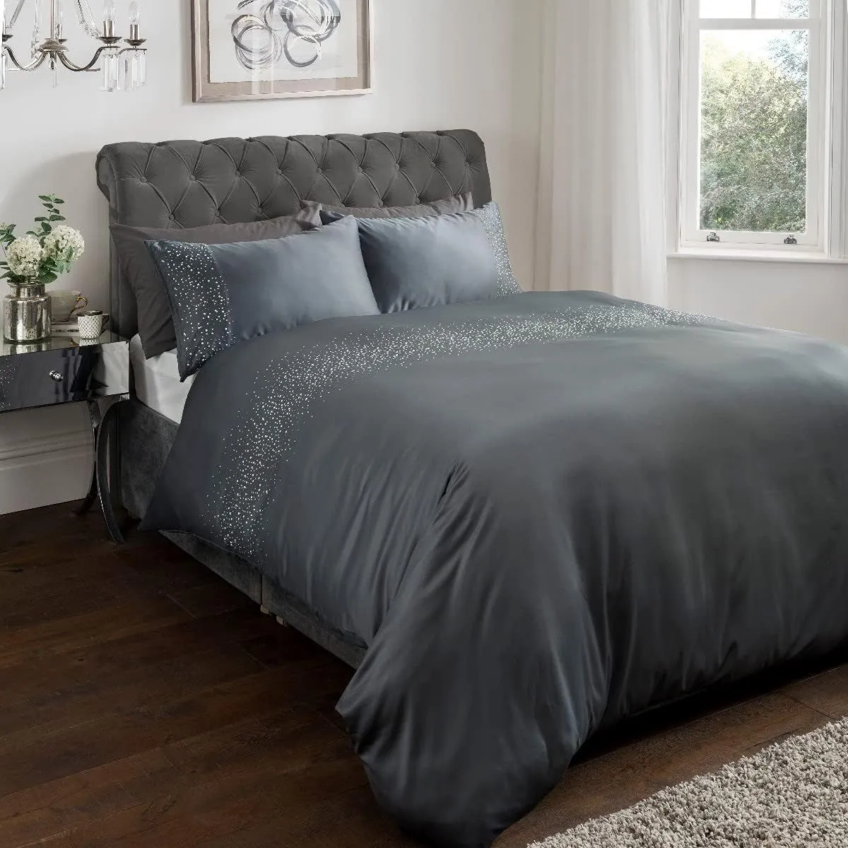 Smart Living Luxury Hotel Quality Diamonte Embellished Duvet Cover with Pillowcases in Charcoal 4