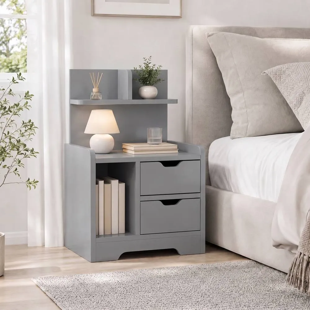 HOMCOM Modern Bedside Table with 2 Drawers & Open Shelves for Bedroom in Grey 2