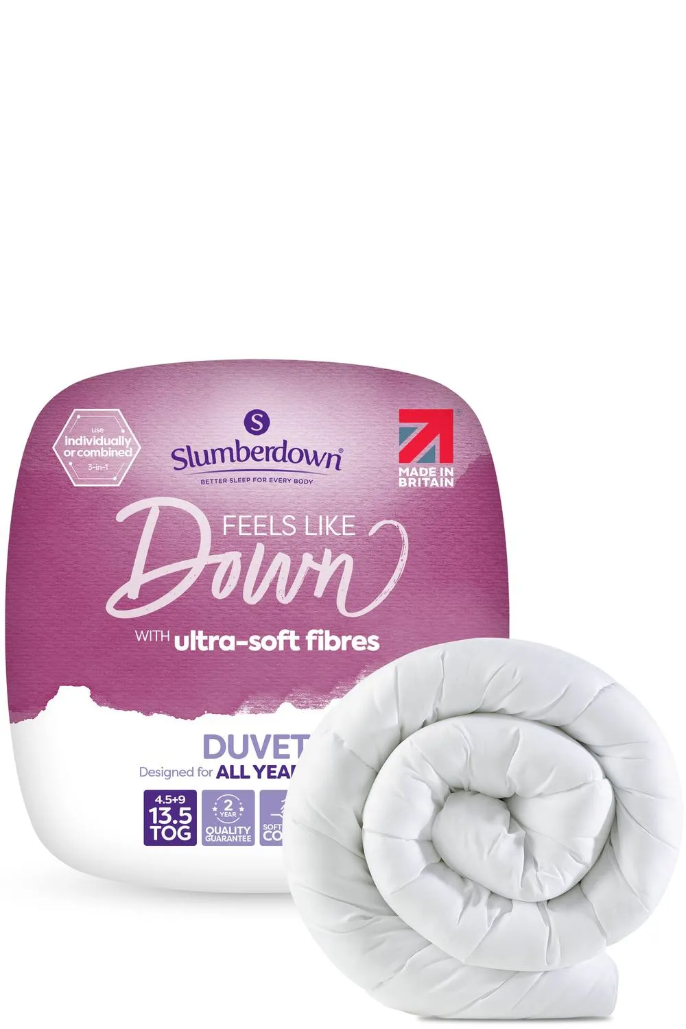 Slumberdown Feels Like Down 13.5 Tog (4.5+9 Tog) All Season Duvet in White