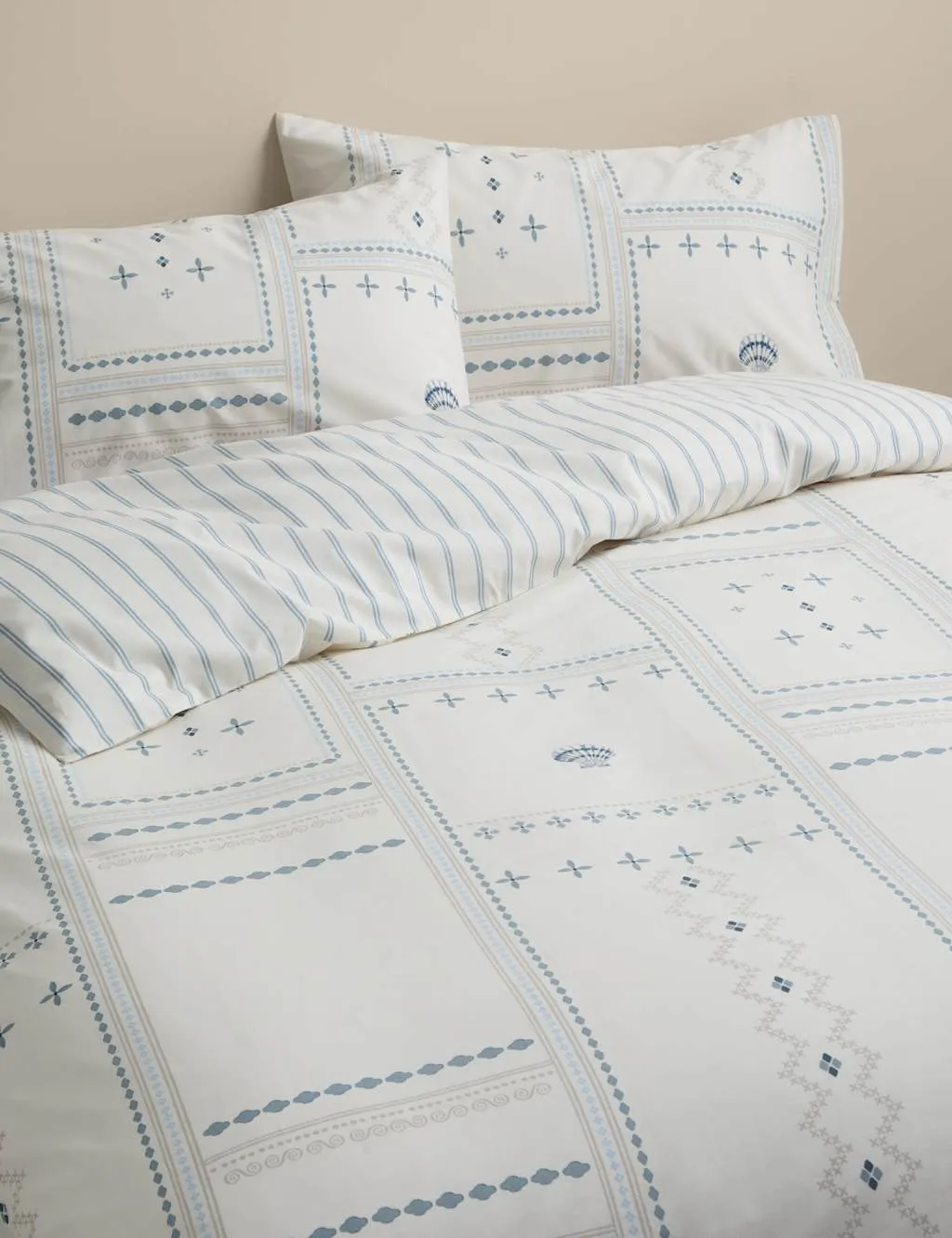 M&S Pure Cotton Coastal Tile Print Bedding Set Blue Mix
