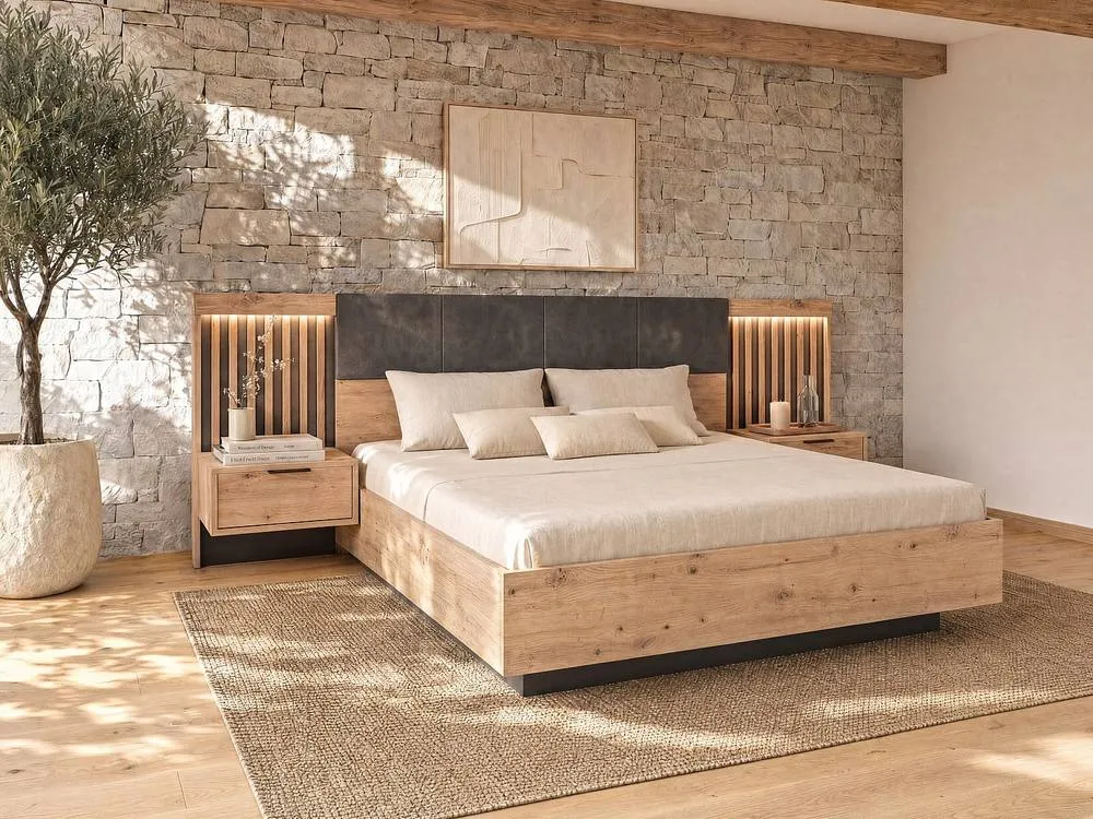 Vente-unique Ottoman Bed With Bedside Tables 160 X 200 Cm - With LED Lighting in Black 3