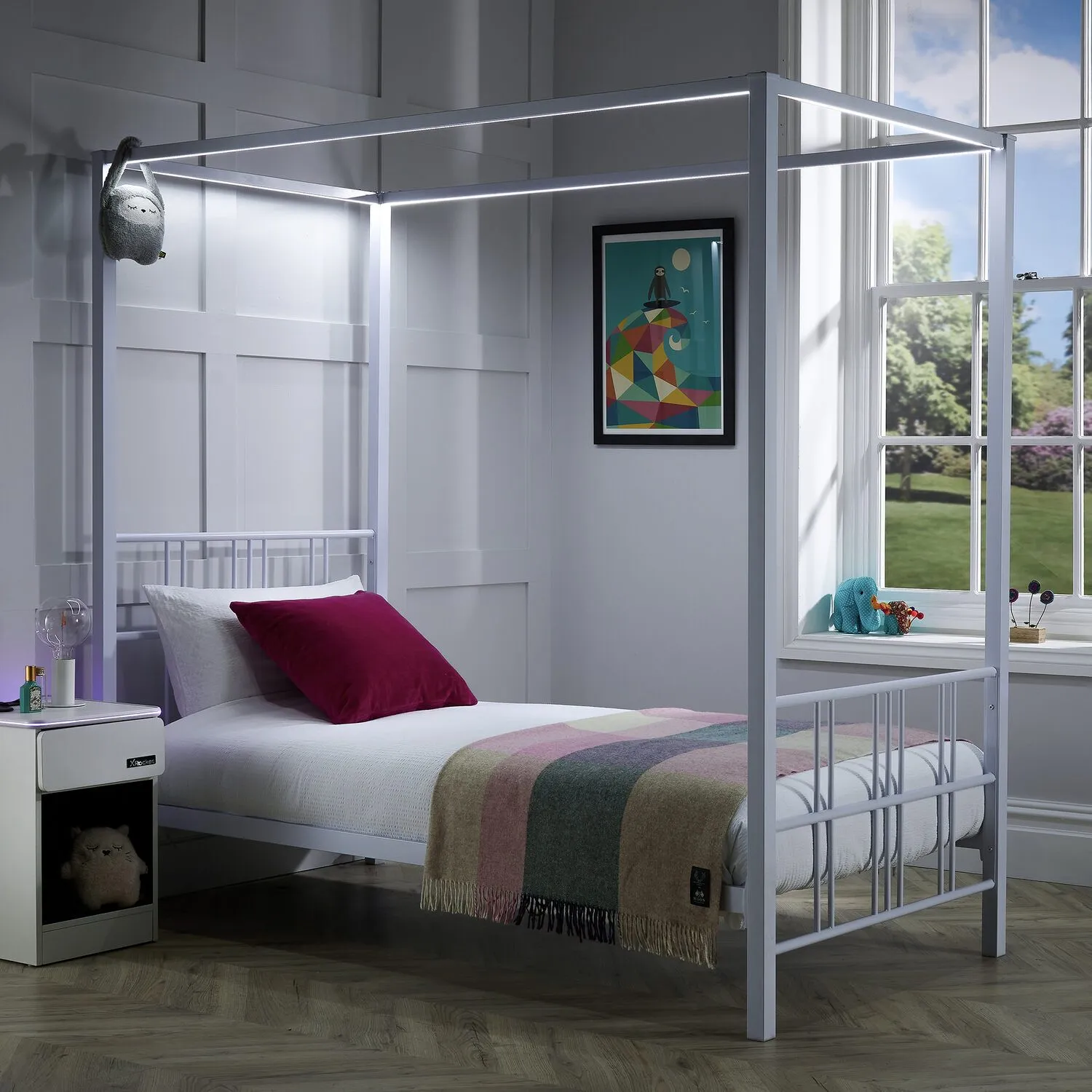 X Rocker Fern Four Poster Bed, Metal Bed Frame with LED Lighting in White