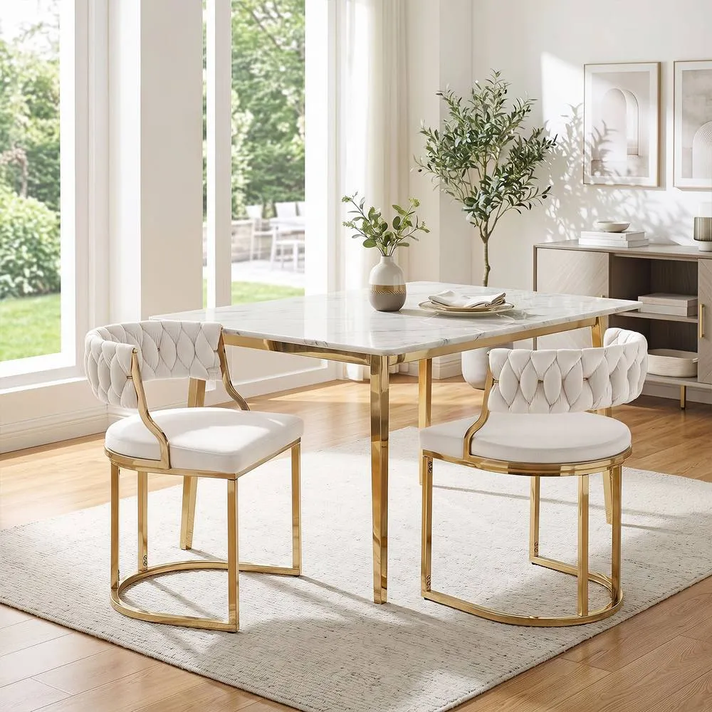 Costway 2PCS Velvet Dining Chairs Modern Woven Upholstered Accent Chairs in White 4