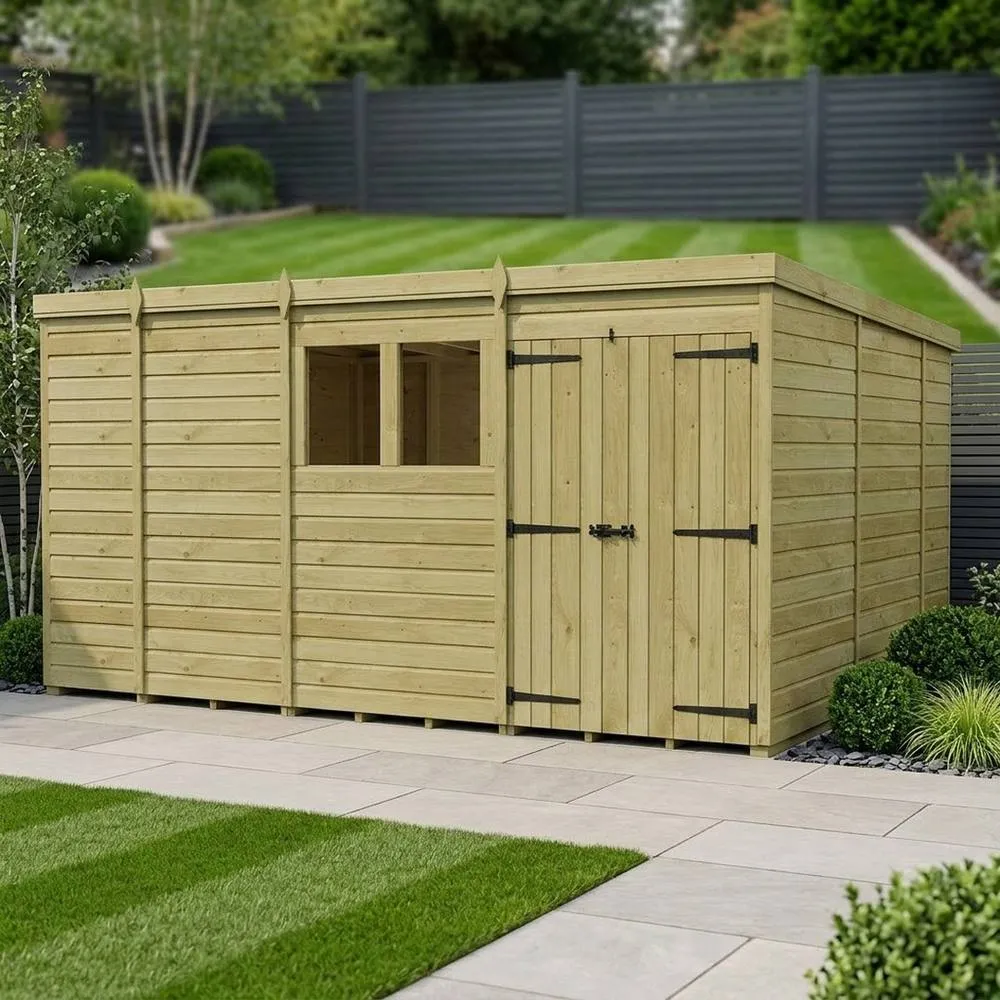Buttercup Farm 13ft x 10ft Pent Garden Shed Double Door With Windows - Timber in Brown 2