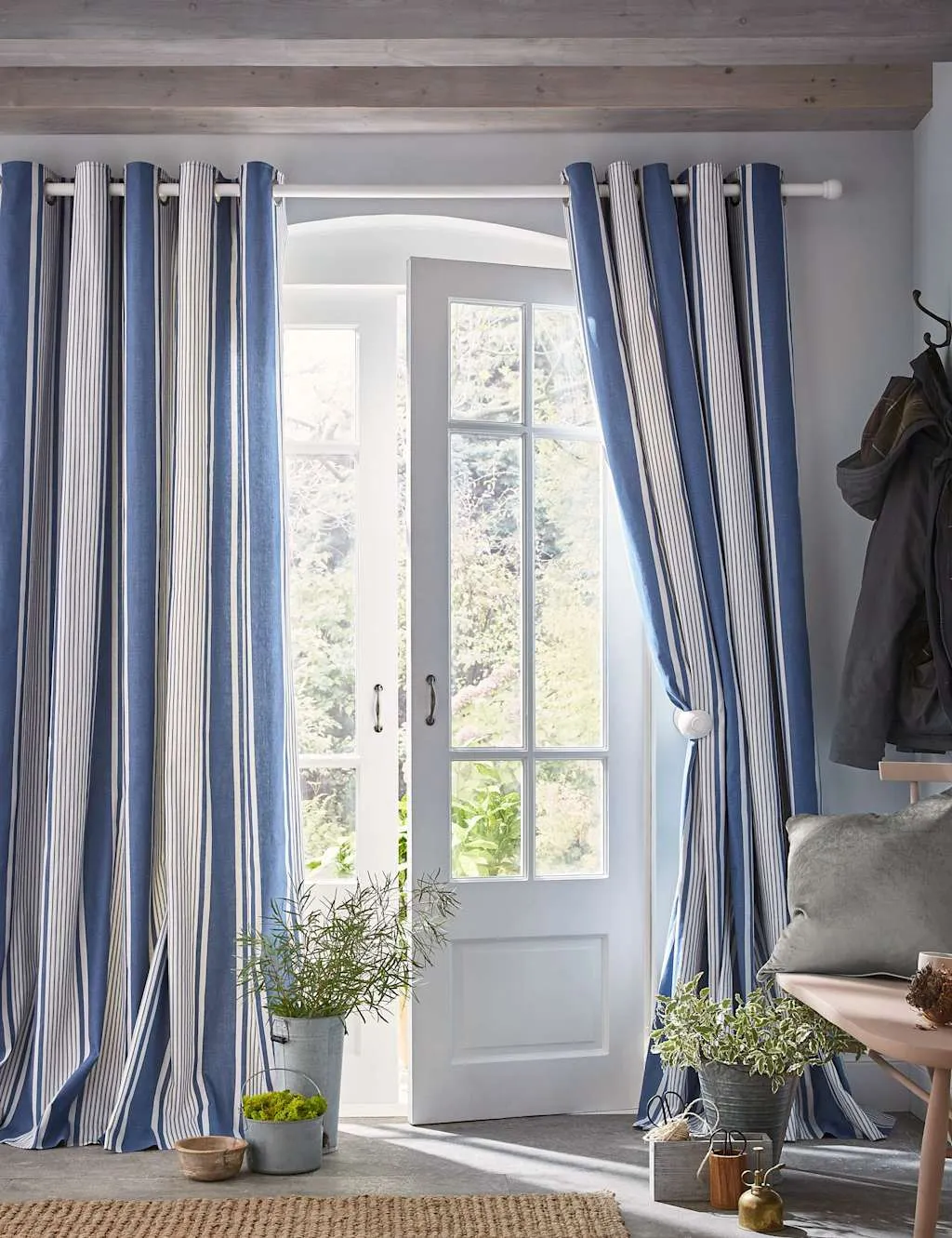Laura Ashley Tiverton Pure Cotton Striped Eyelet Curtains Blue Mix