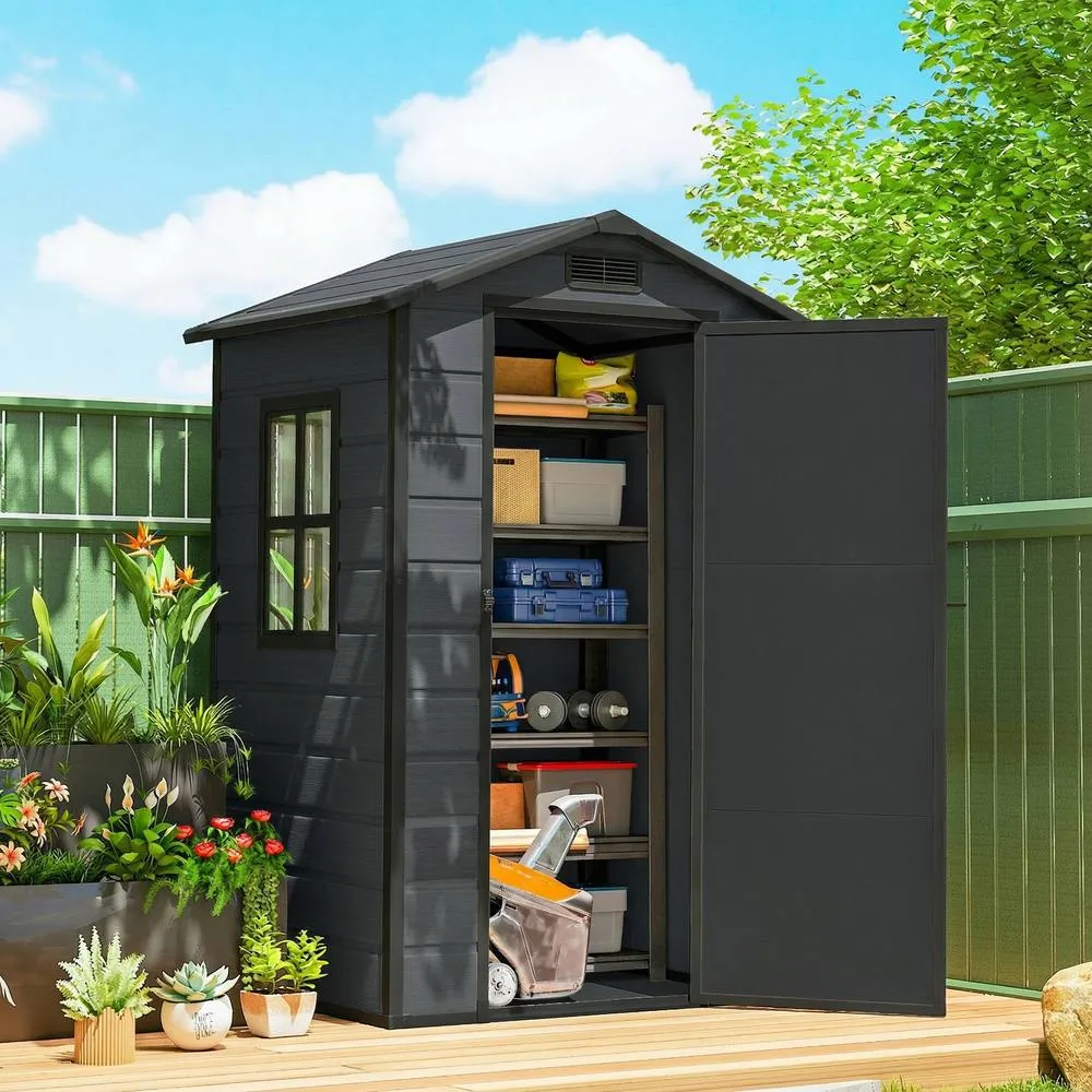 OUTSUNNY 4 x 3 ft Plastic Garden Shed, Storage Shed with Window Vent in Dark Grey