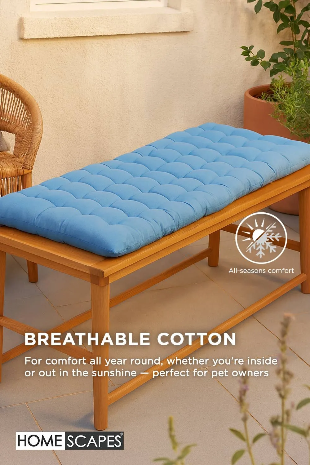 Homescapes Garden Bench Cushion Luxury 2 Seater Cotton Indoor Outdoor Pad, 108 x 42cm in Blue 5