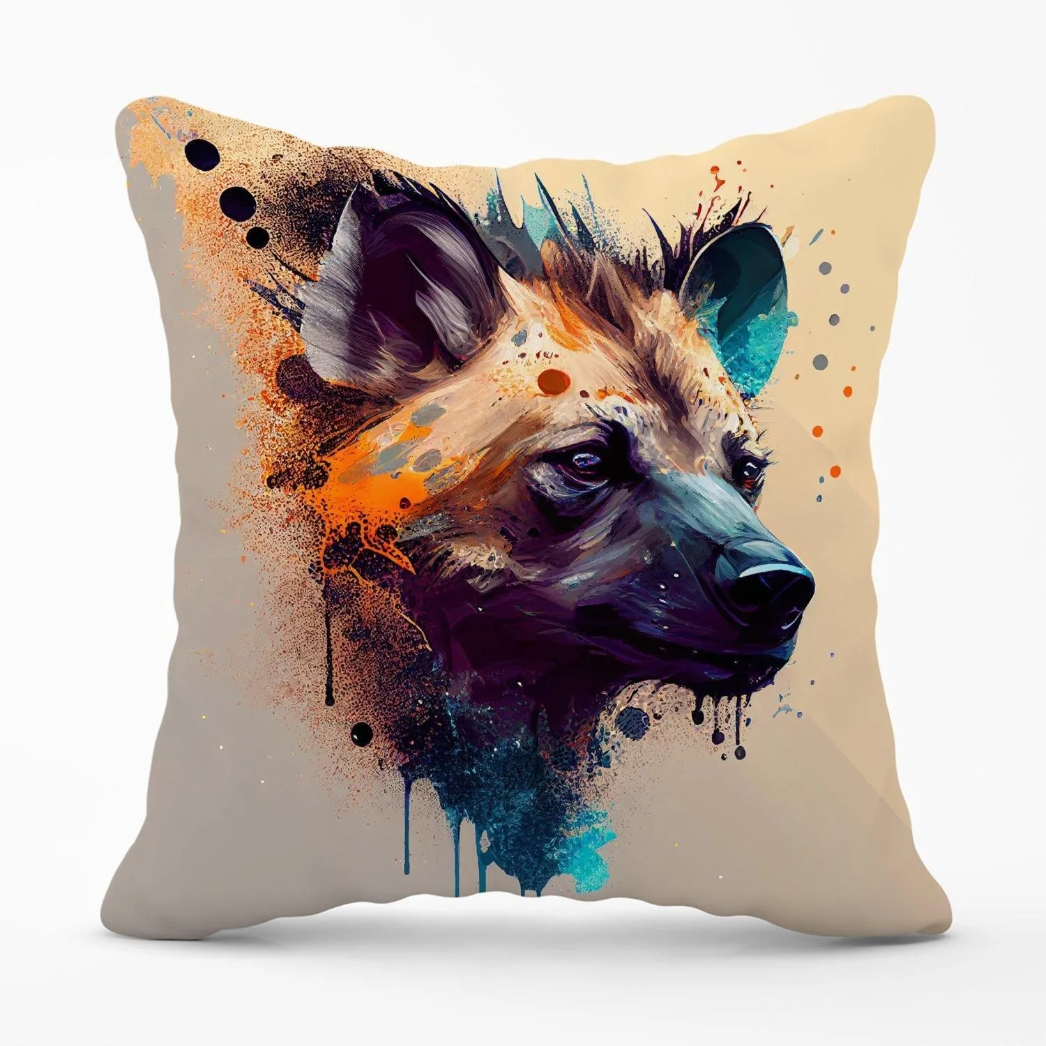 Warren Reed - Designer Hyena Face Splashart Light Background Outdoor Cushion in Brown