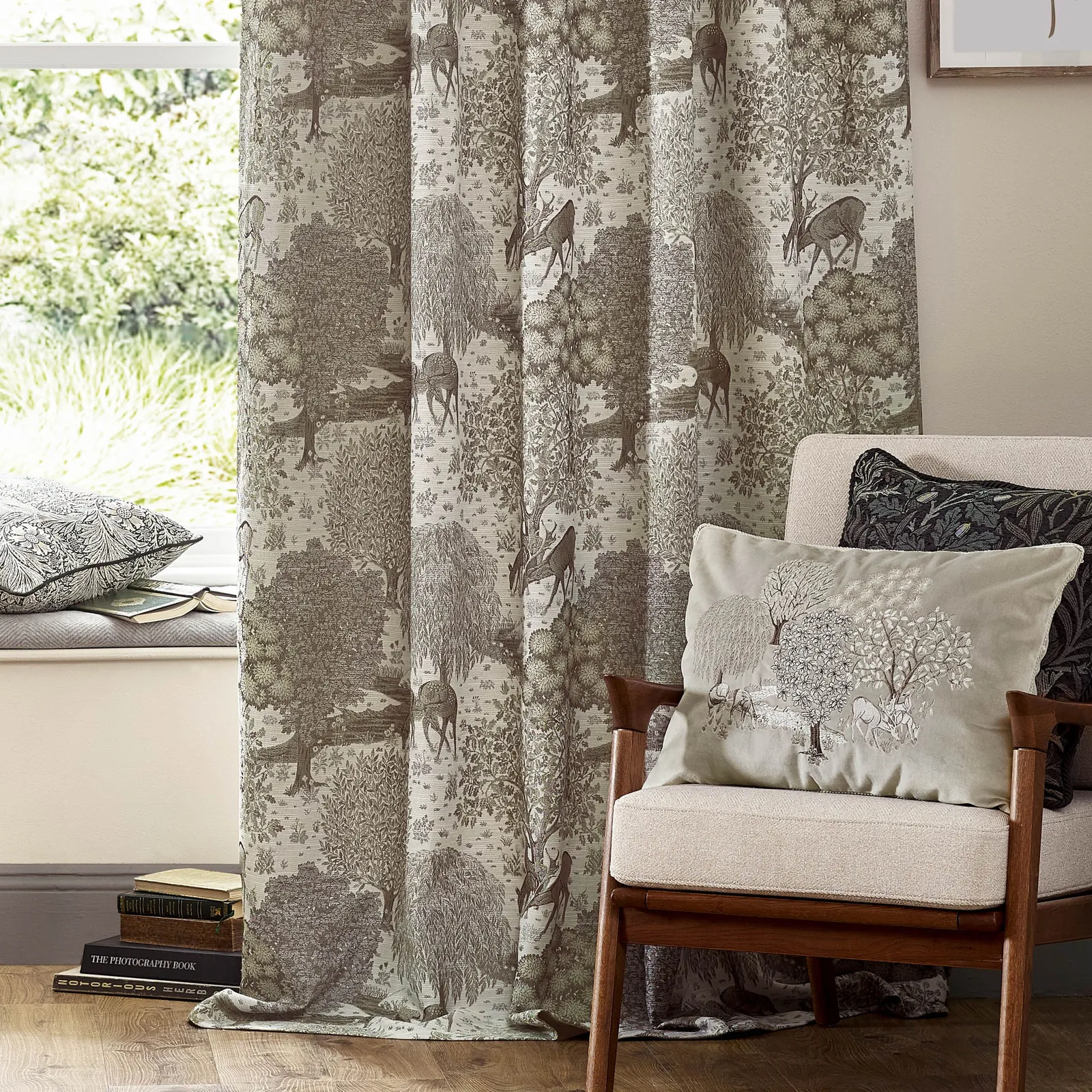 Morris & Co Brook Woodland Jacquard Room Darkening Pencil Pleat Curtains in Beige 4