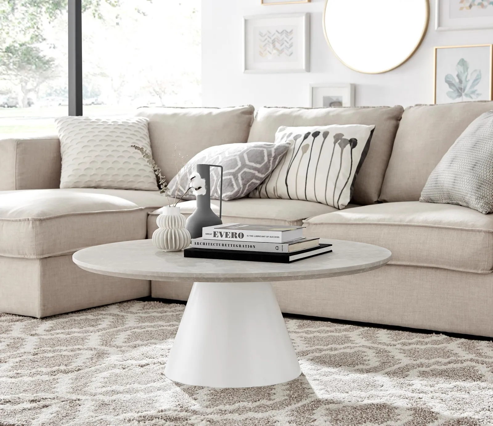 FurnitureboxUK Palma Round Coffee Table with Pedestal Pillar Base & Semi-Matte or High Gloss Finish for Modern Minimalist Industrial Look in Beige 2