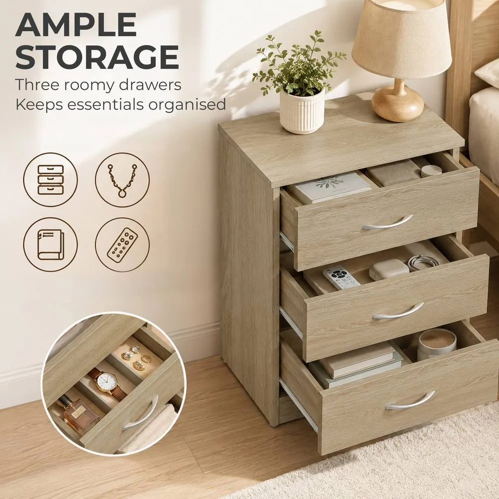 HOMCOM Modern 3 Drawers Side Table, Bedside Table with Wood Effect, Oak in Light Oak 4